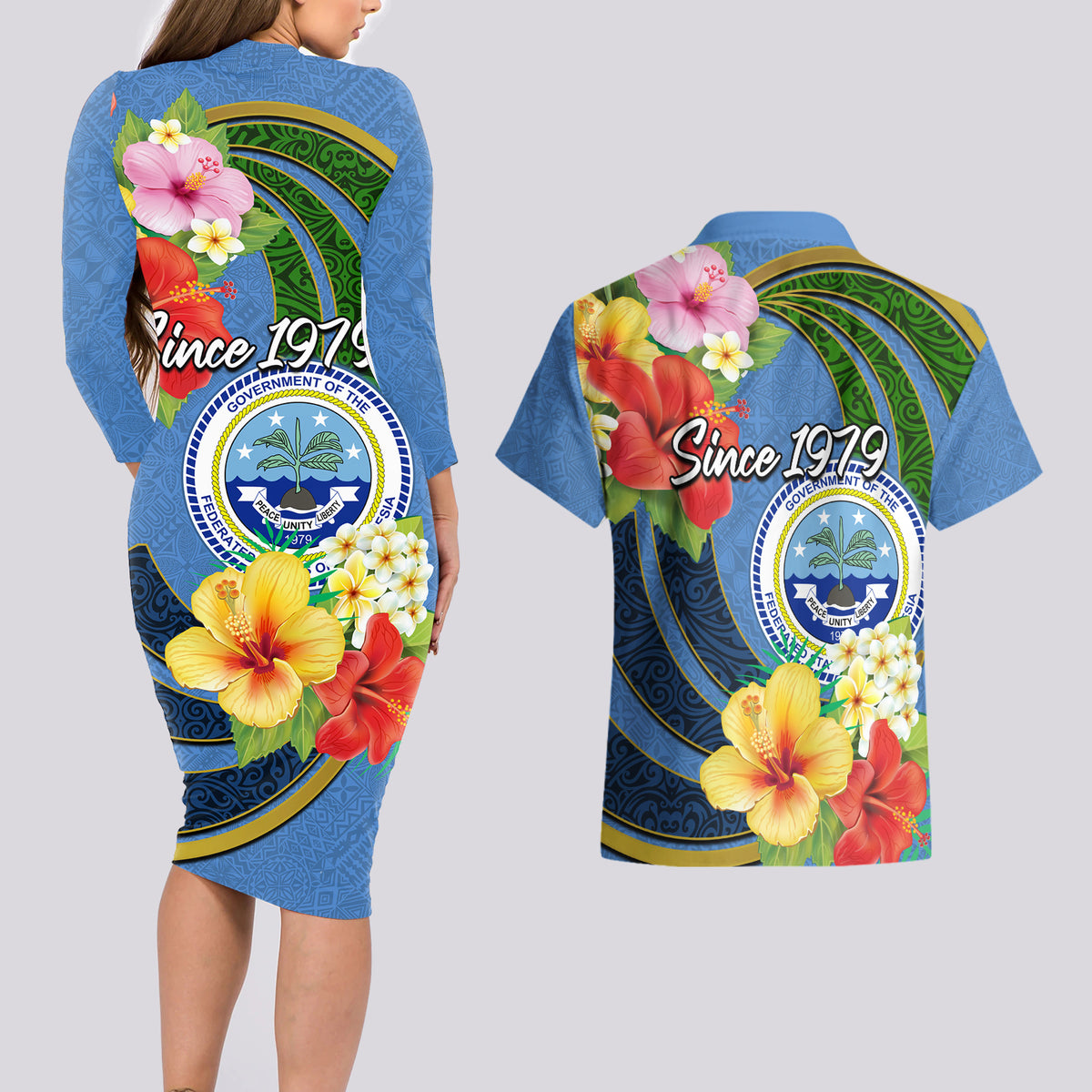 Micronesia Constitution Day Couples Matching Long Sleeve Bodycon Dress and Hawaiian Shirt Hibiscus and Tapa Tribal Pattern LT03 - Polynesian Pride