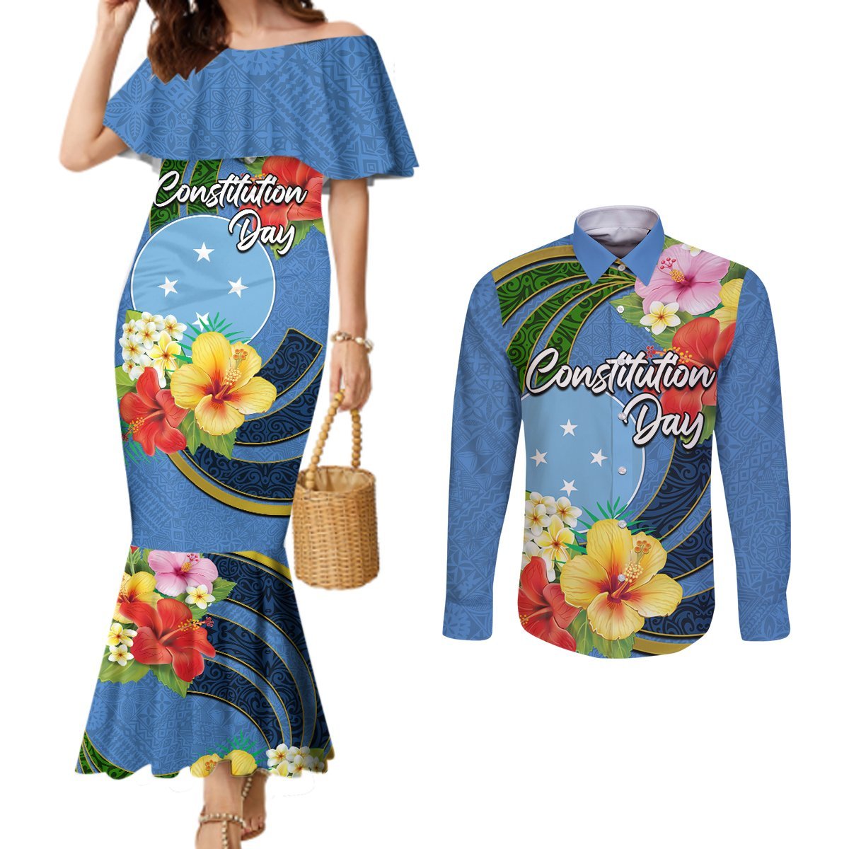 Micronesia Constitution Day Couples Matching Mermaid Dress and Long Sleeve Button Shirt Hibiscus and Tapa Tribal Pattern LT03 Blue - Polynesian Pride