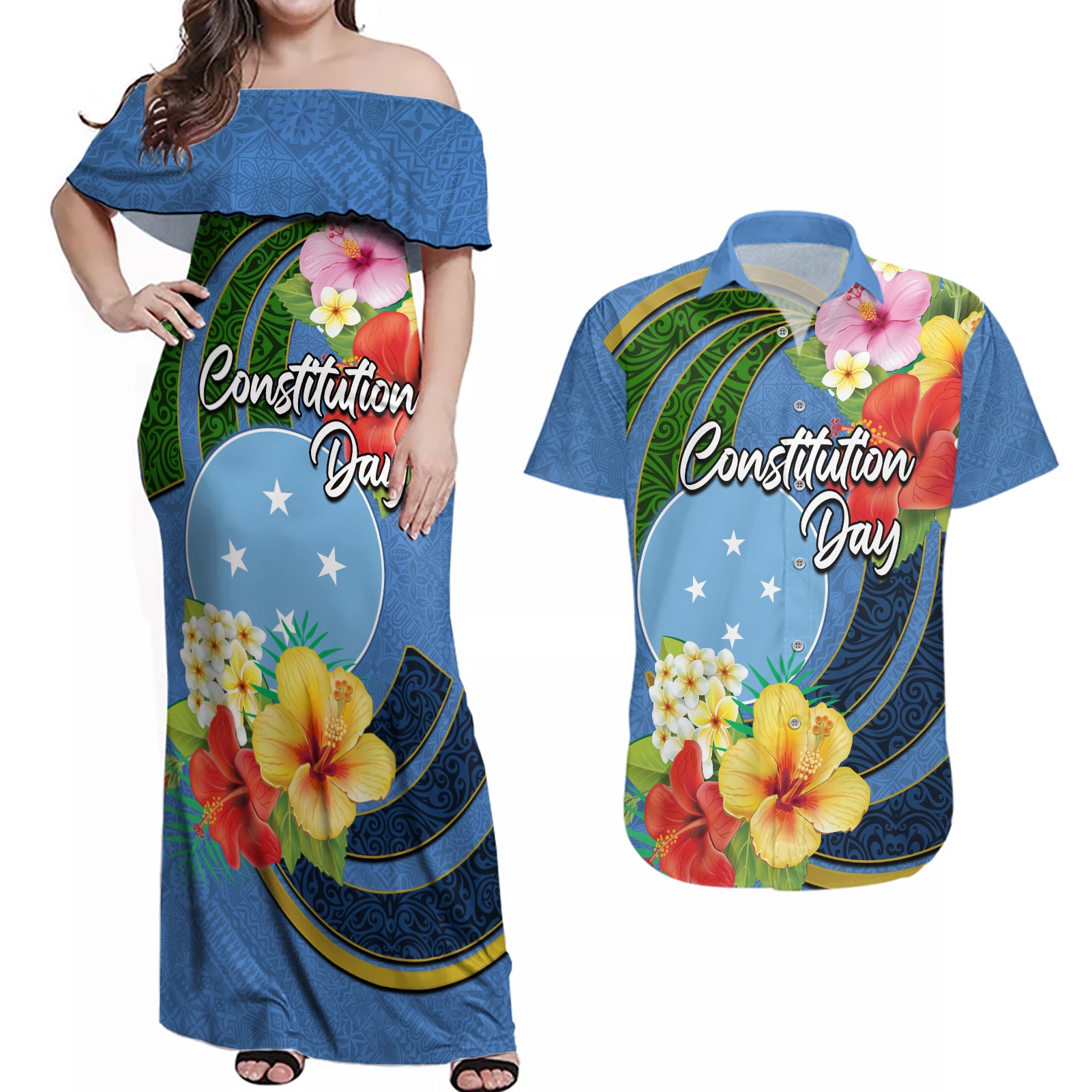 Micronesia Constitution Day Couples Matching Off Shoulder Maxi Dress and Hawaiian Shirt Hibiscus and Tapa Tribal Pattern LT03 Blue - Polynesian Pride