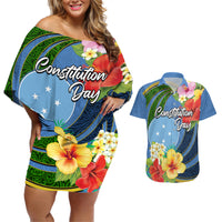 Micronesia Constitution Day Couples Matching Off Shoulder Short Dress and Hawaiian Shirt Hibiscus and Tapa Tribal Pattern LT03 Blue - Polynesian Pride