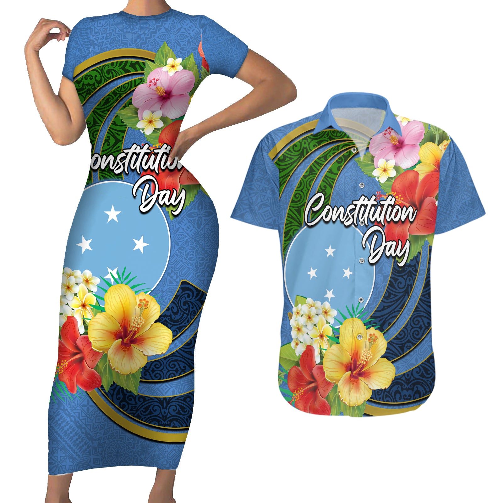 Micronesia Constitution Day Couples Matching Short Sleeve Bodycon Dress and Hawaiian Shirt Hibiscus and Tapa Tribal Pattern LT03 Blue - Polynesian Pride