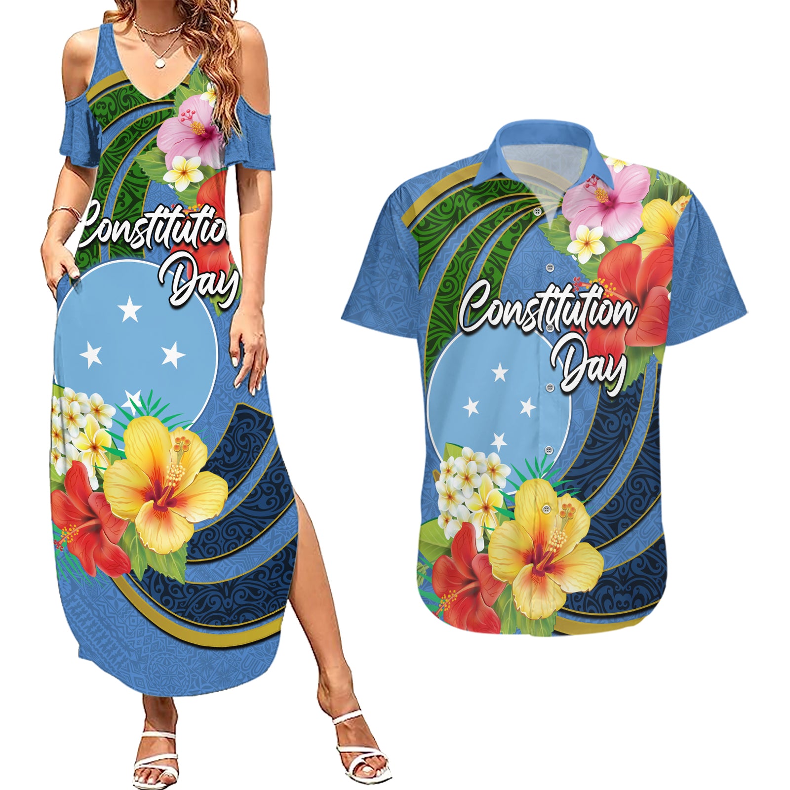 Micronesia Constitution Day Couples Matching Summer Maxi Dress and Hawaiian Shirt Hibiscus and Tapa Tribal Pattern LT03 Blue - Polynesian Pride