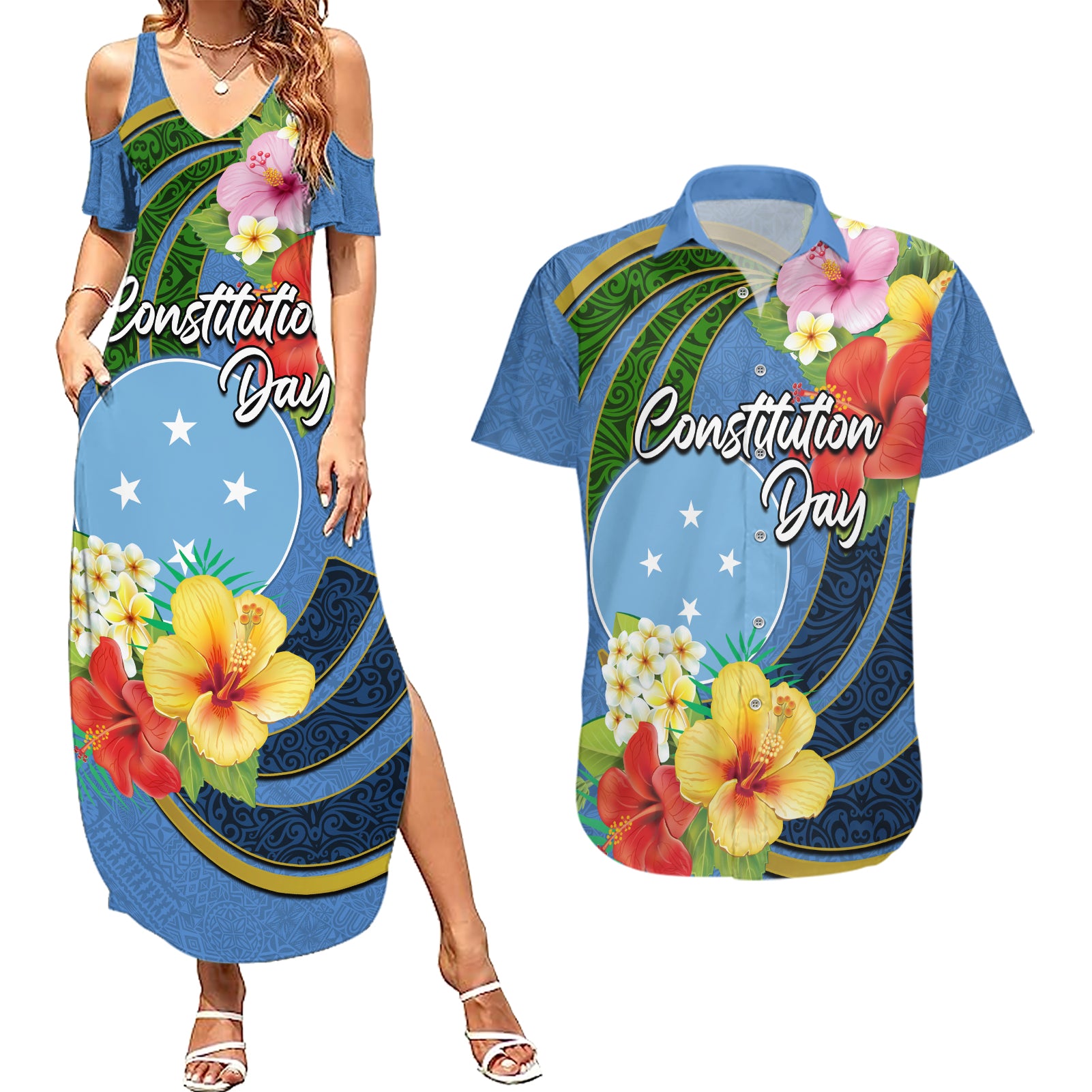 Micronesia Constitution Day Couples Matching Summer Maxi Dress and Hawaiian Shirt Hibiscus and Tapa Tribal Pattern LT03 Blue - Polynesian Pride