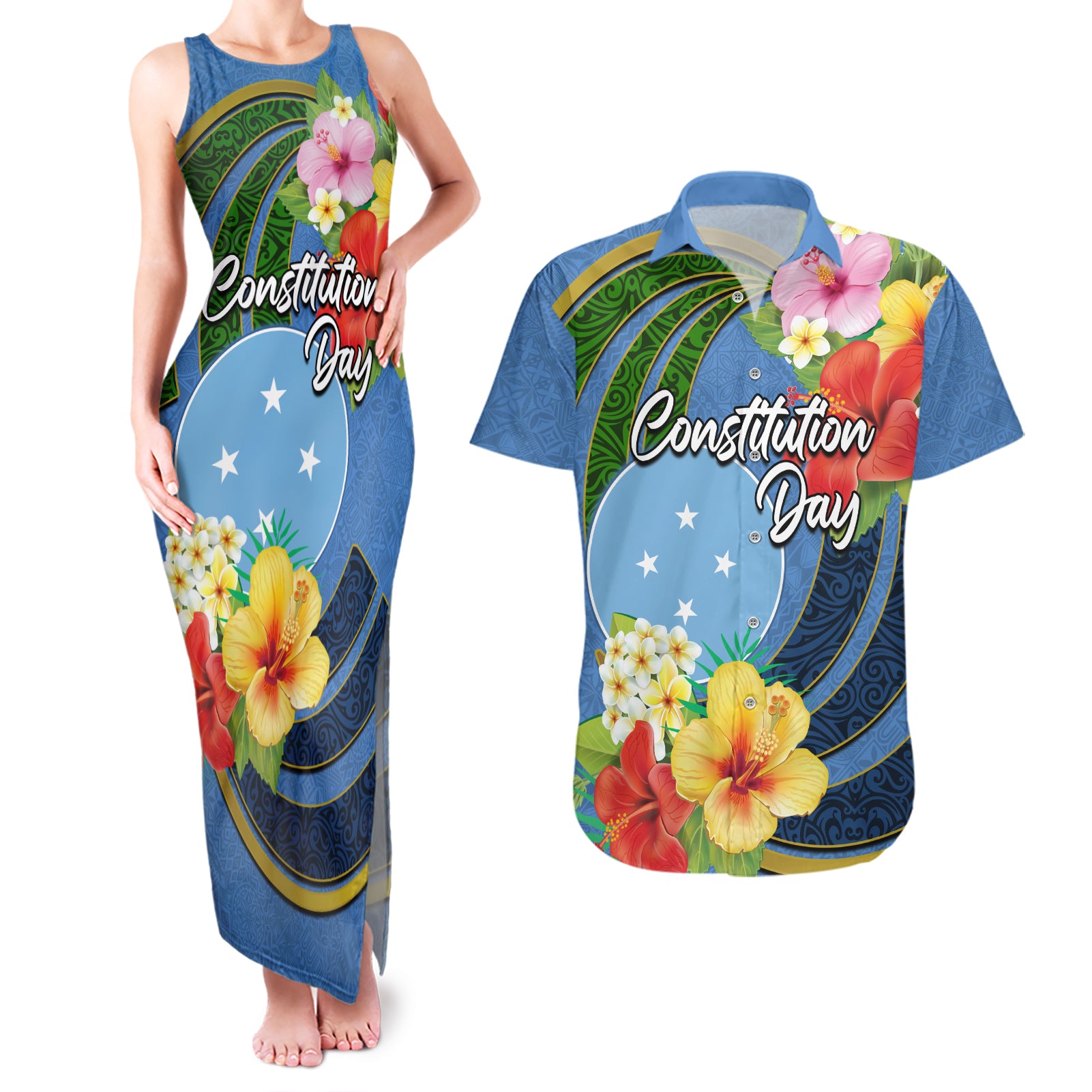 Micronesia Constitution Day Couples Matching Tank Maxi Dress and Hawaiian Shirt Hibiscus and Tapa Tribal Pattern LT03 Blue - Polynesian Pride