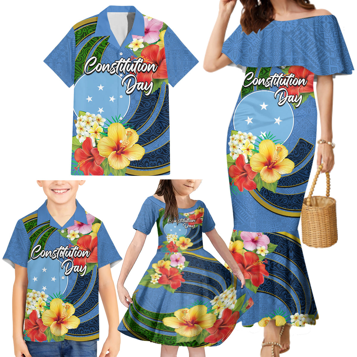 Micronesia Constitution Day Family Matching Mermaid Dress and Hawaiian Shirt Hibiscus and Tapa Tribal Pattern LT03 - Polynesian Pride