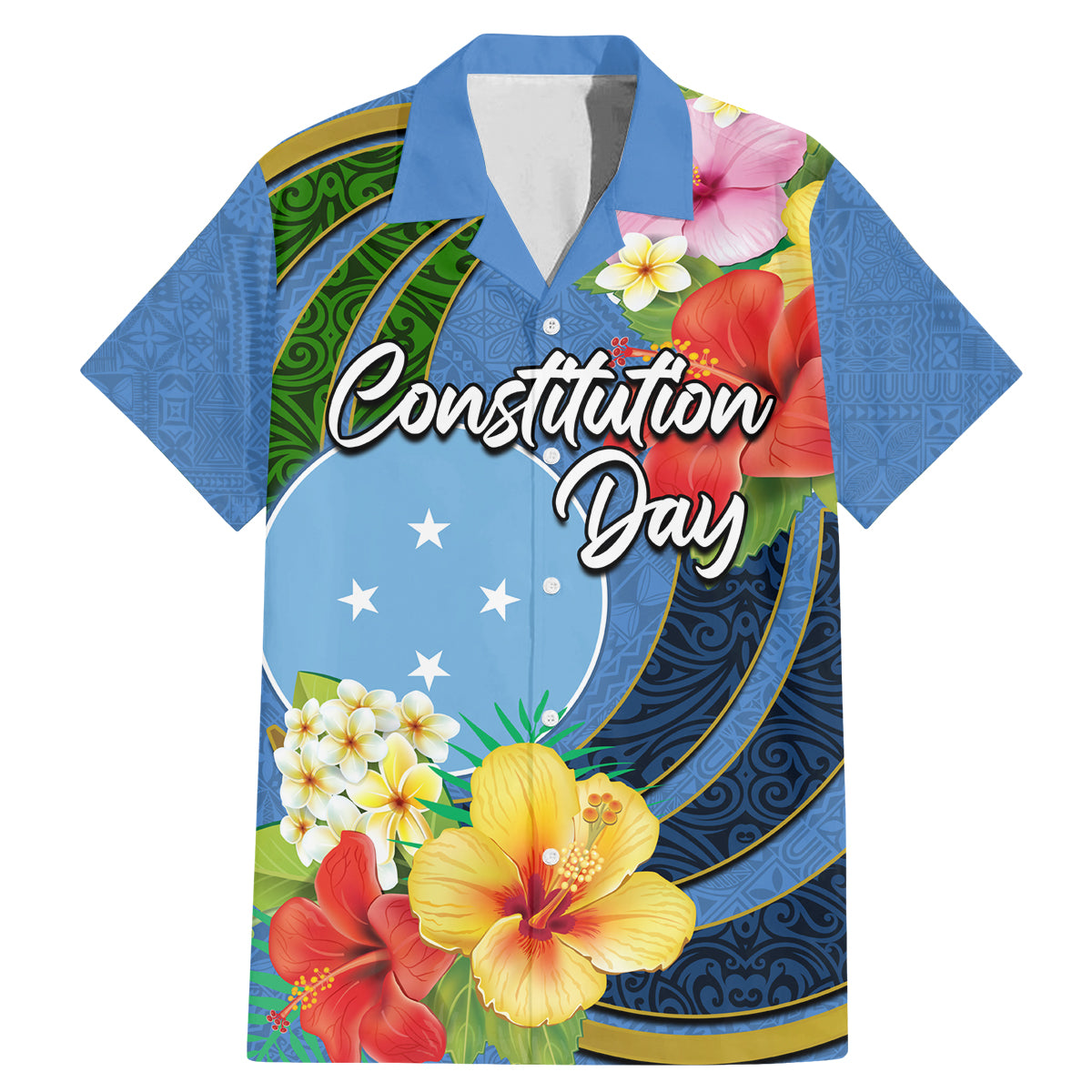 Micronesia Constitution Day Family Matching Mermaid Dress and Hawaiian Shirt Hibiscus and Tapa Tribal Pattern LT03 Dad's Shirt - Short Sleeve Blue - Polynesian Pride