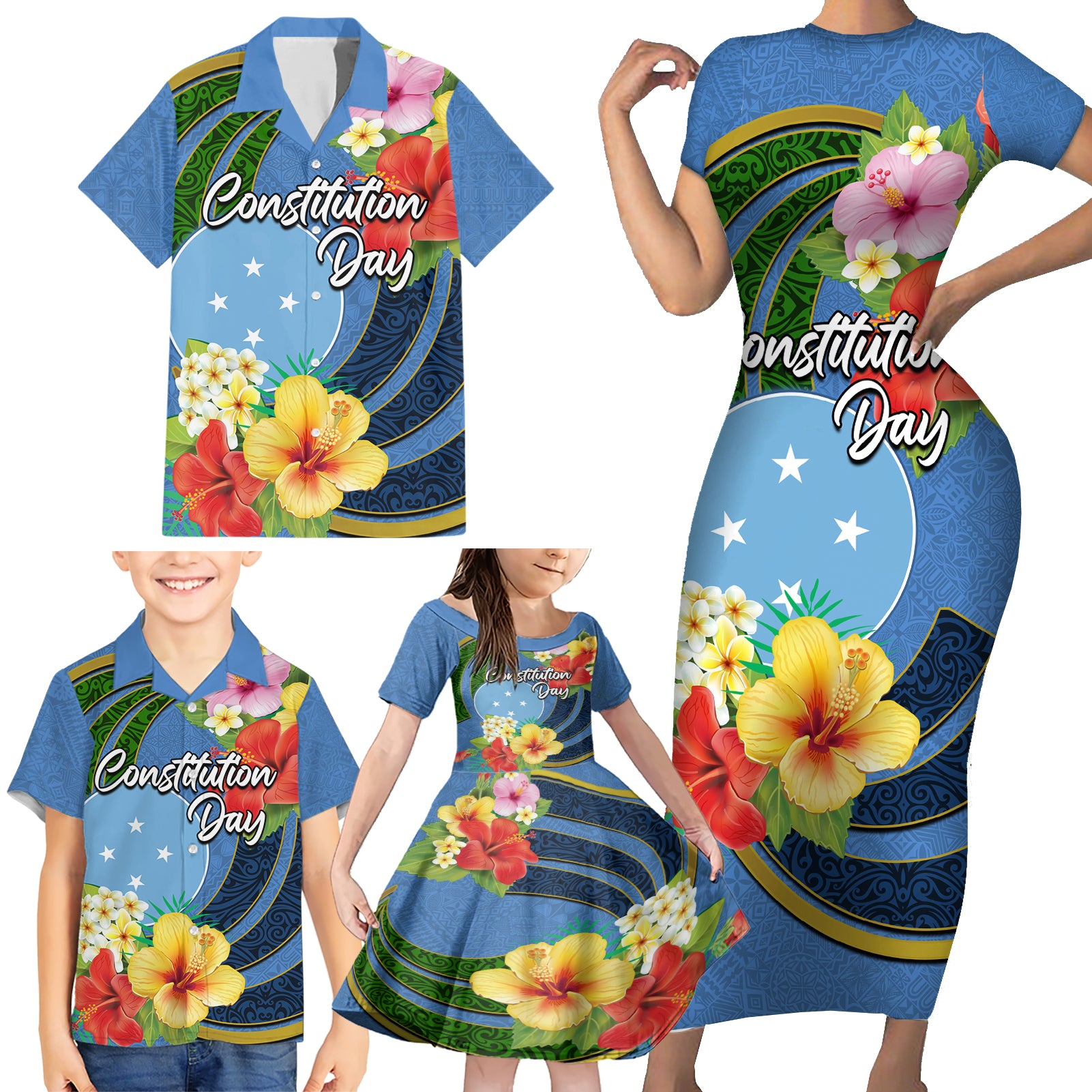 Micronesia Constitution Day Family Matching Short Sleeve Bodycon Dress and Hawaiian Shirt Hibiscus and Tapa Tribal Pattern LT03 - Polynesian Pride