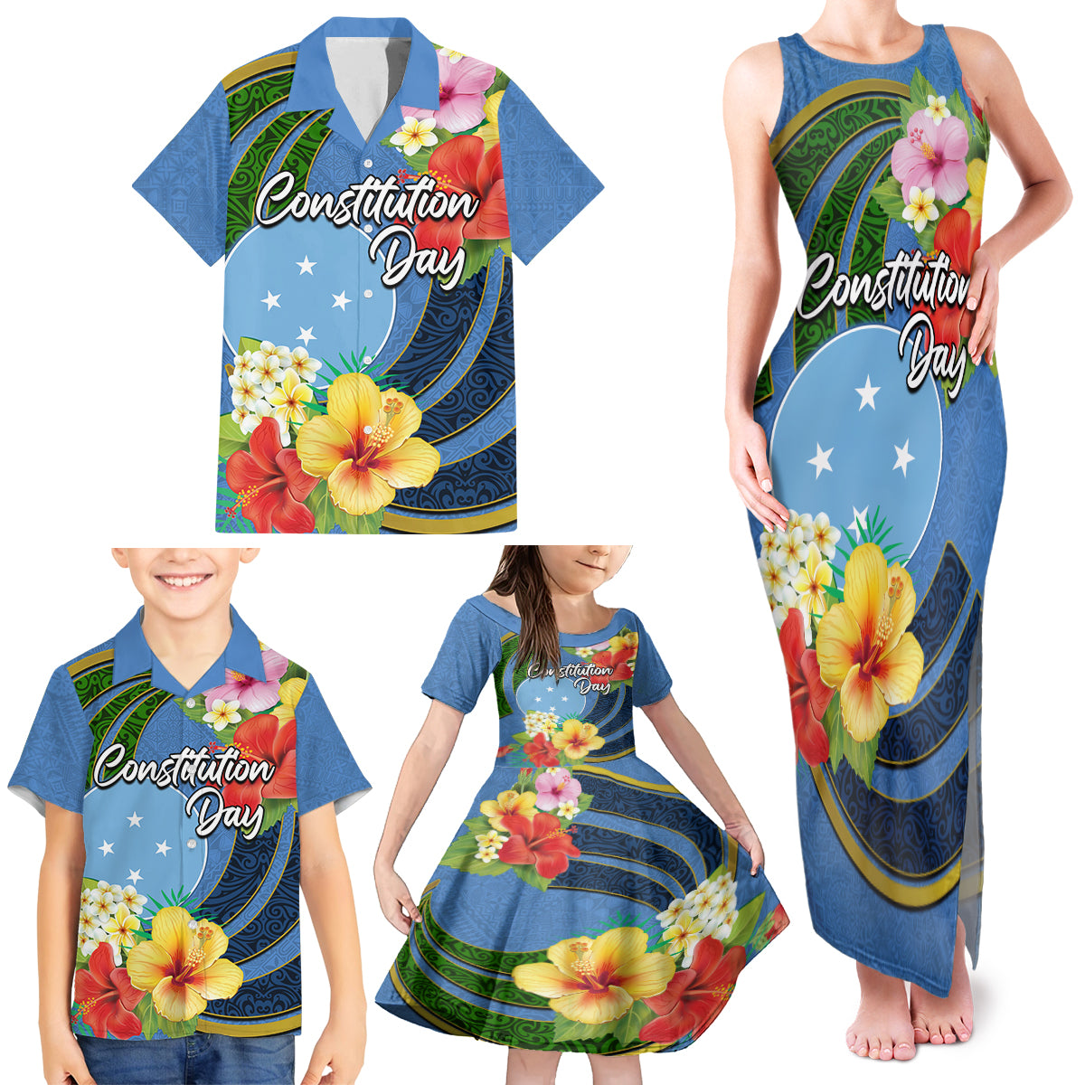 Micronesia Constitution Day Family Matching Tank Maxi Dress and Hawaiian Shirt Hibiscus and Tapa Tribal Pattern LT03 - Polynesian Pride