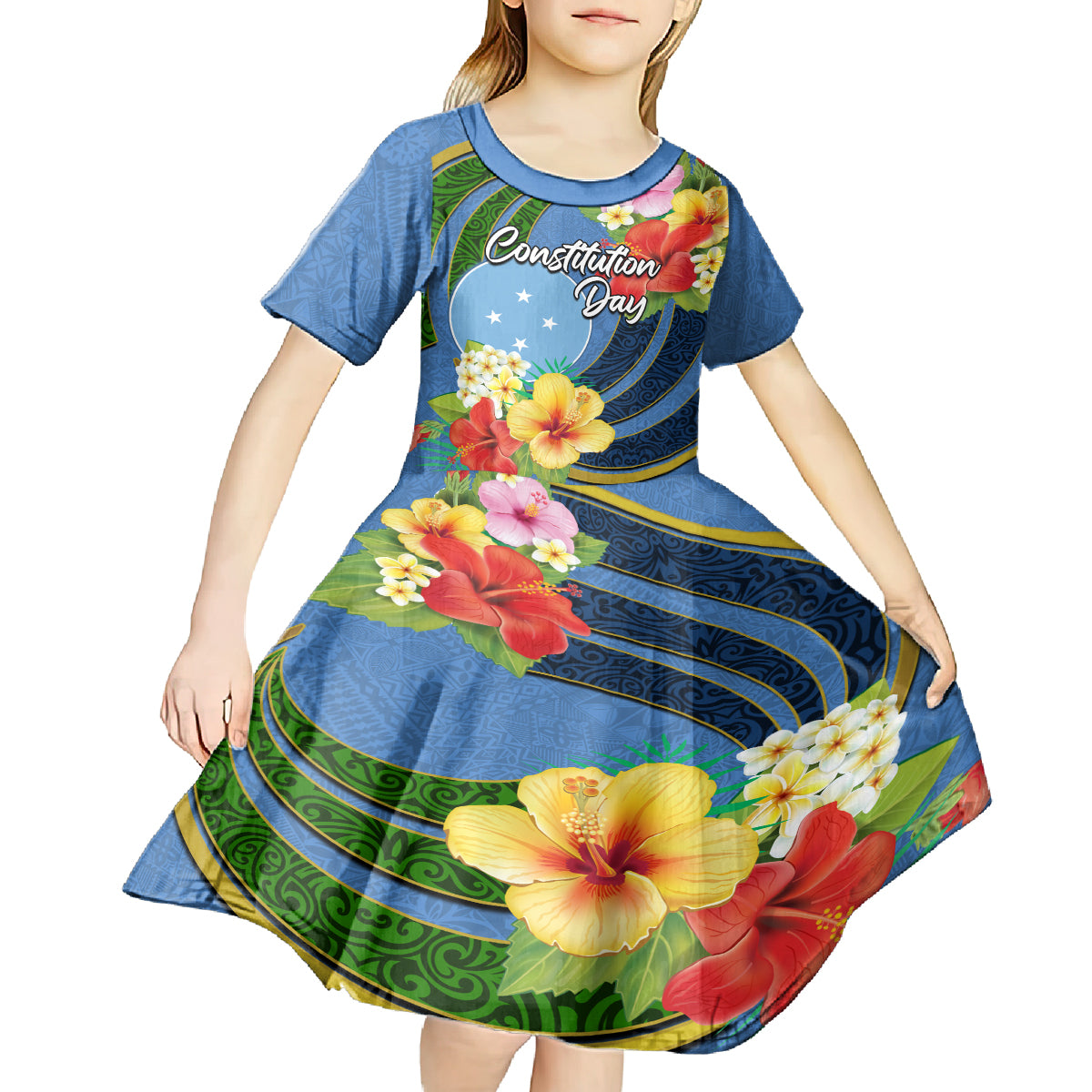 Micronesia Constitution Day Kid Short Sleeve Dress Hibiscus and Tapa Tribal Pattern LT03 - Polynesian Pride