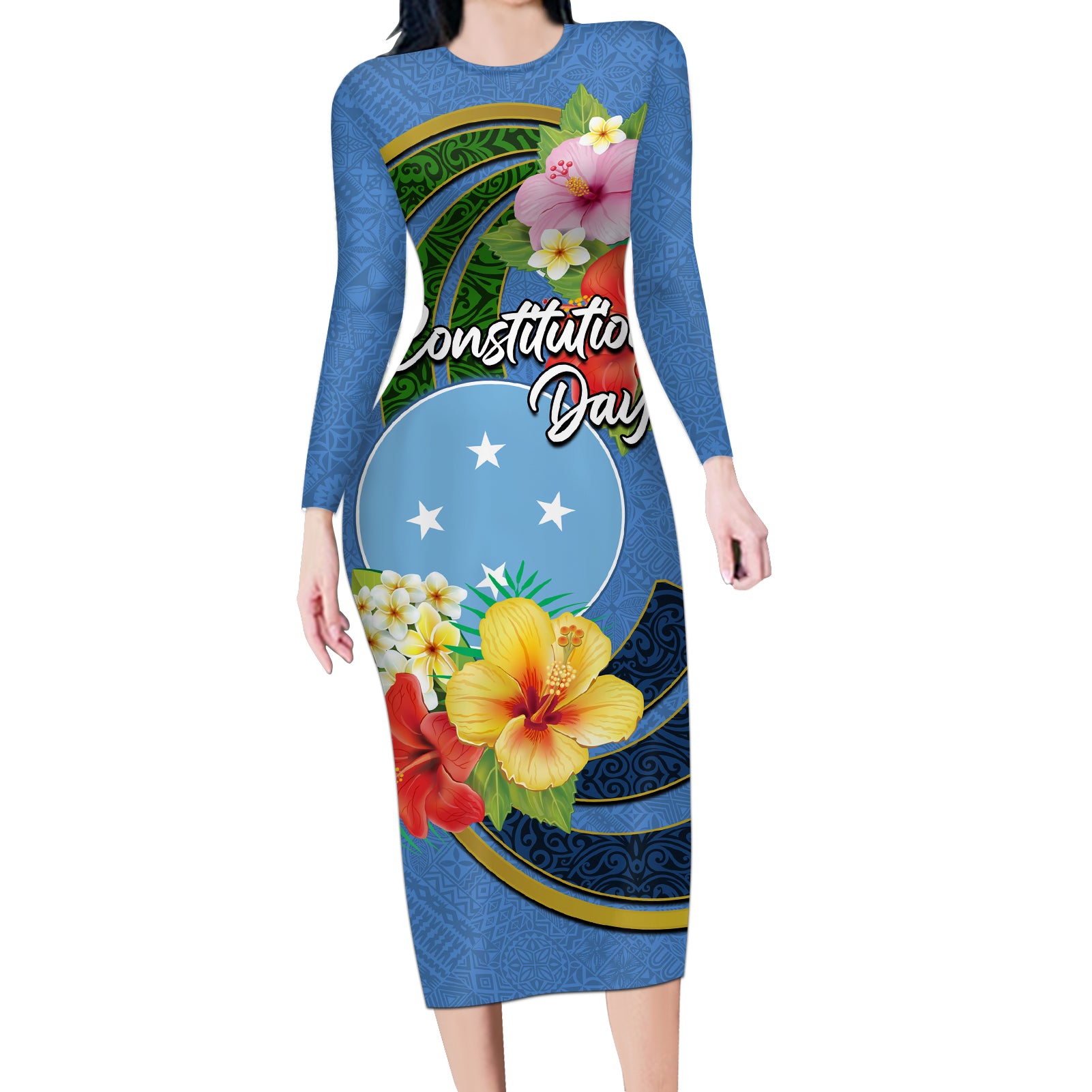 Micronesia Constitution Day Long Sleeve Bodycon Dress Hibiscus and Tapa Tribal Pattern LT03 Long Dress Blue - Polynesian Pride