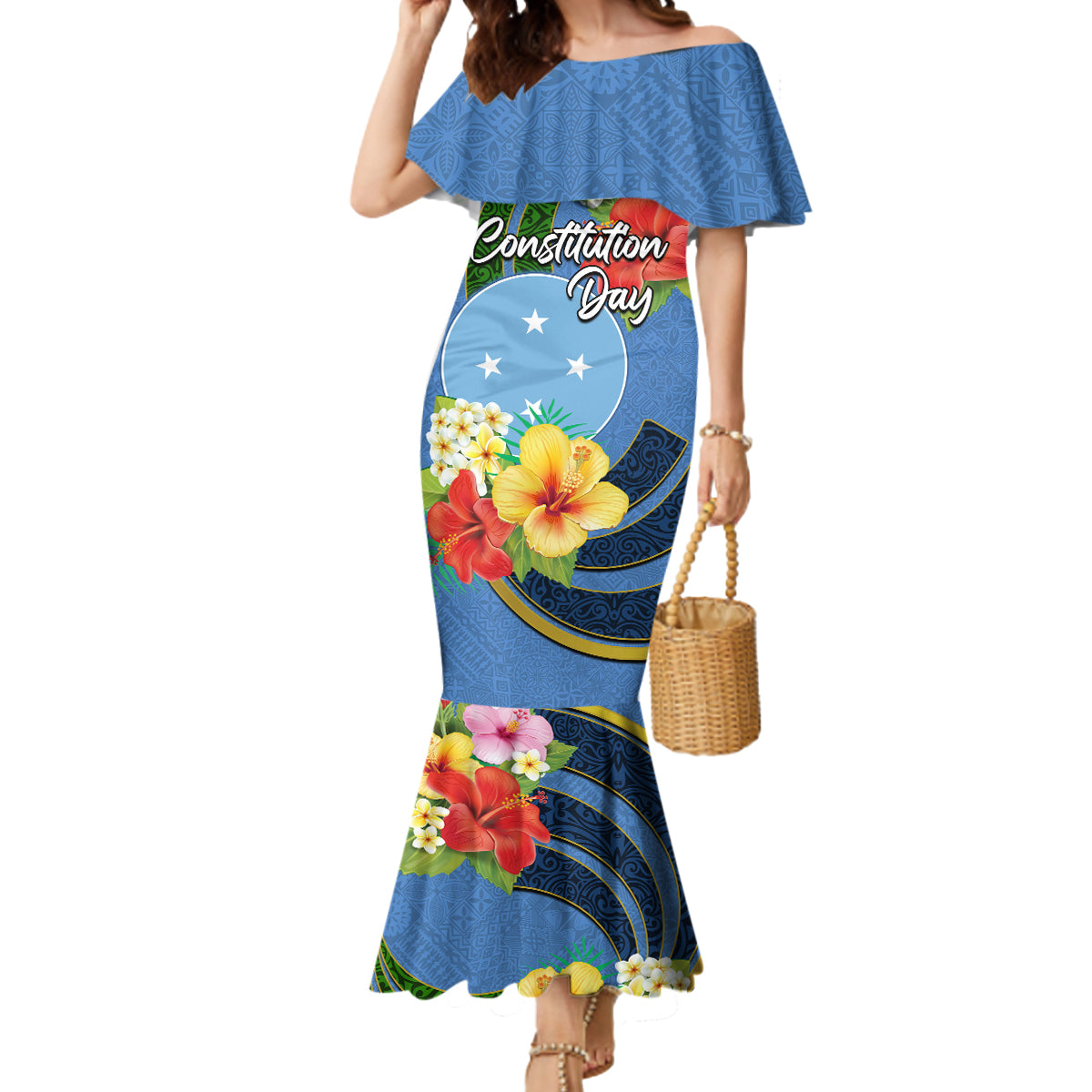 Micronesia Constitution Day Mermaid Dress Hibiscus and Tapa Tribal Pattern LT03 Women Blue - Polynesian Pride