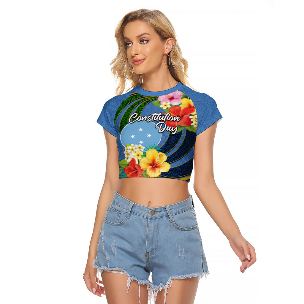 Micronesia Constitution Day Raglan Cropped T Shirt Hibiscus and Tapa Tribal Pattern LT03 Female Blue - Polynesian Pride