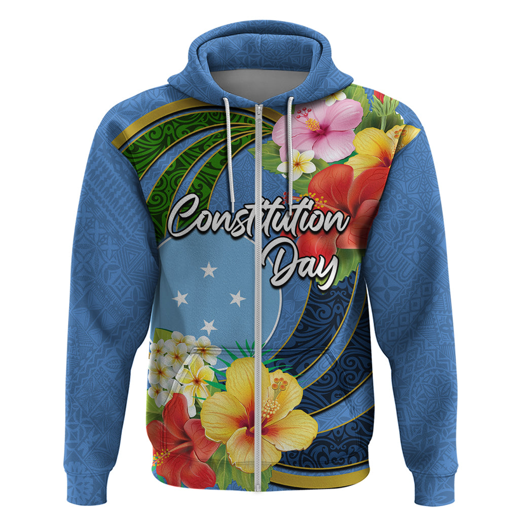 Micronesia Constitution Day Zip Hoodie Hibiscus and Tapa Tribal Pattern LT03 Zip Hoodie Blue - Polynesian Pride