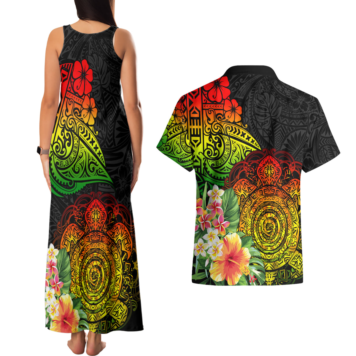 Polynesia Victory Day Couples Matching Tank Maxi Dress and Hawaiian Shirt Tribal Turtle and Hibiscus LT03 - Polynesian Pride