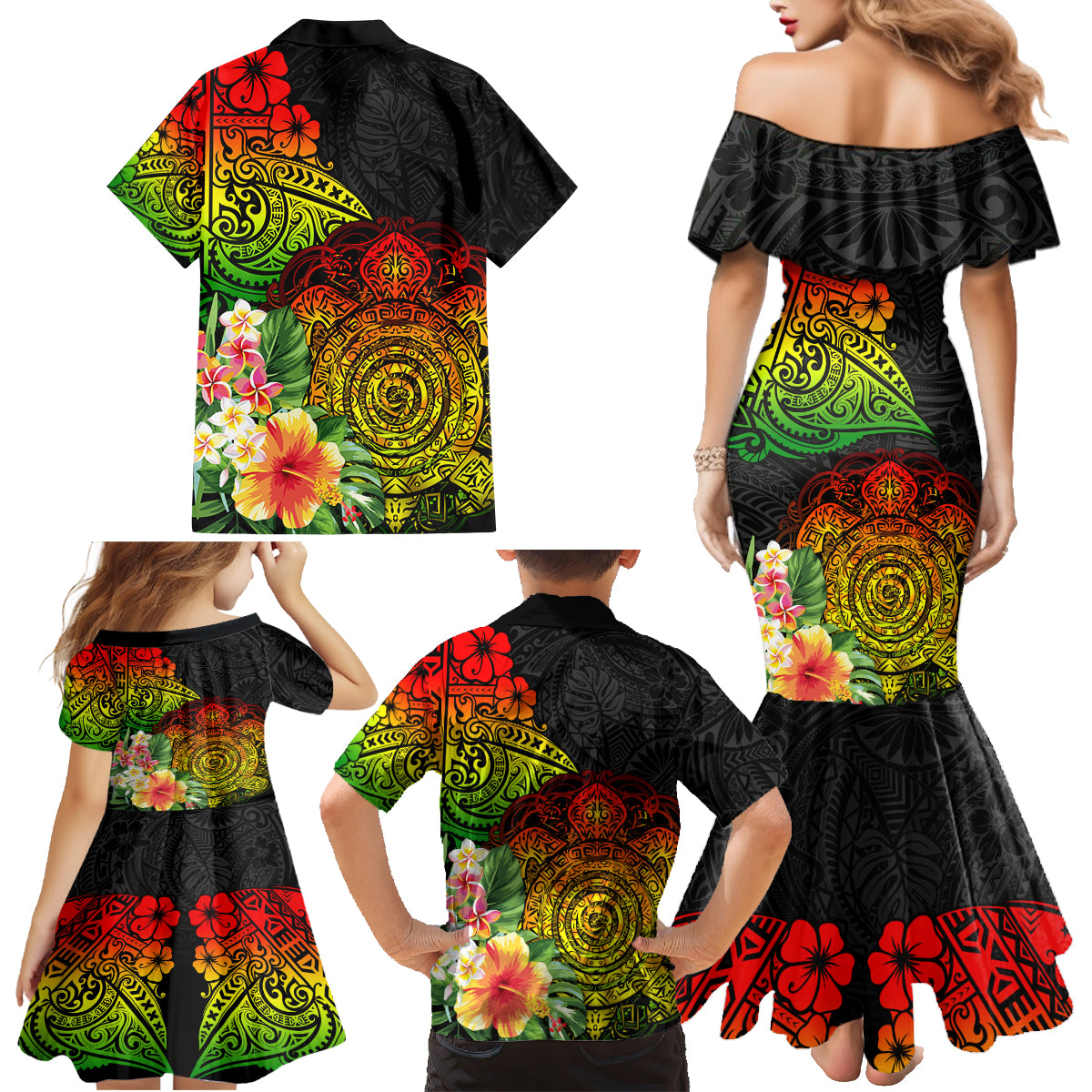 Polynesia Victory Day Family Matching Mermaid Dress and Hawaiian Shirt Tribal Turtle and Hibiscus LT03 - Polynesian Pride