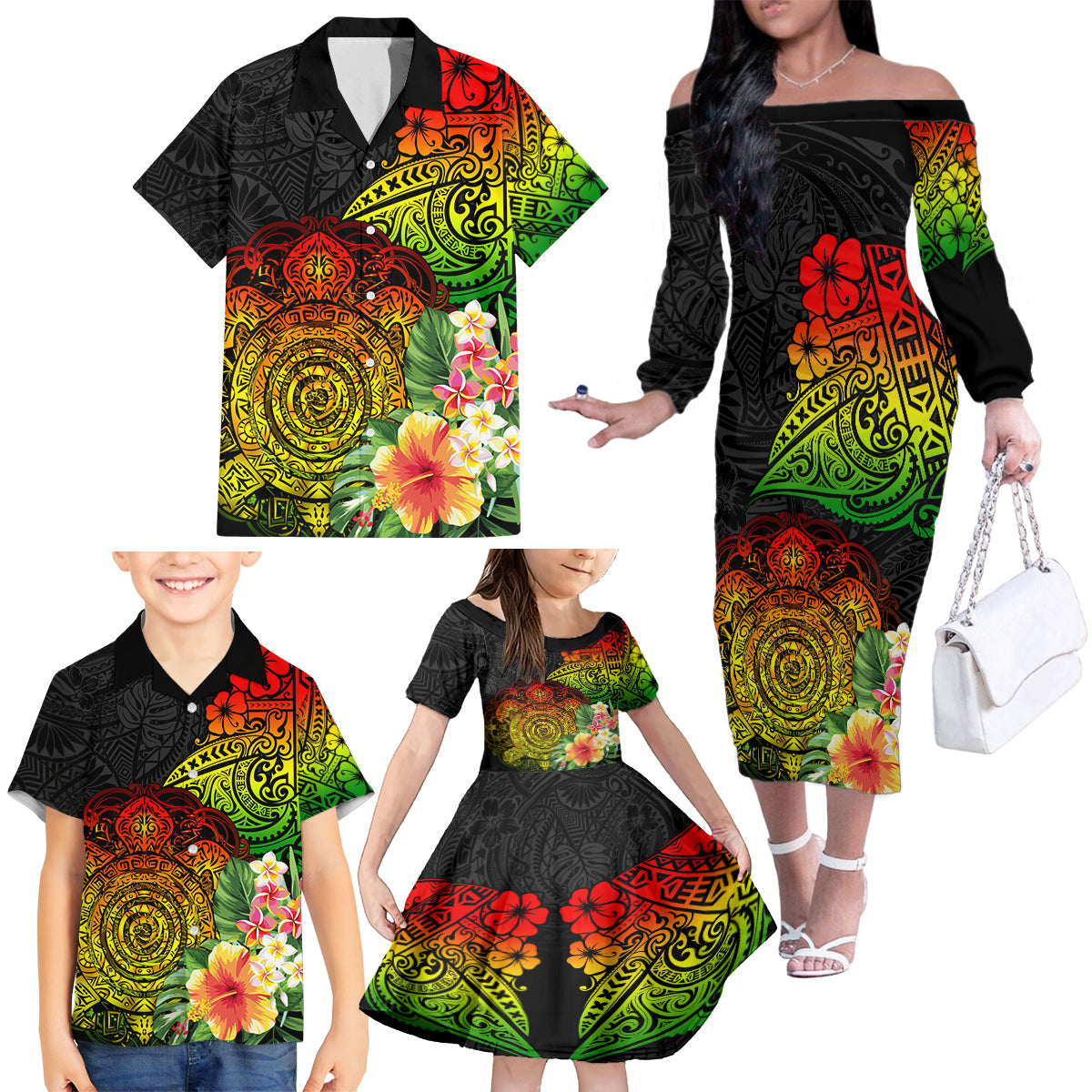 Polynesia Victory Day Family Matching Off Shoulder Long Sleeve Dress and Hawaiian Shirt Tribal Turtle and Hibiscus LT03 - Polynesian Pride