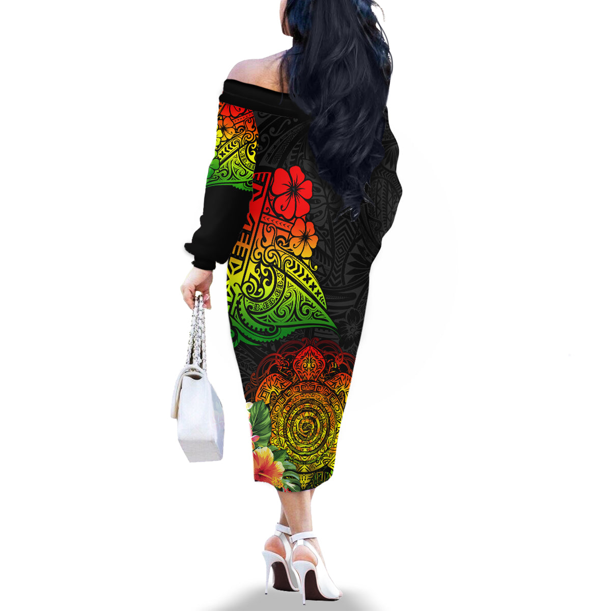 Polynesia Victory Day Family Matching Off Shoulder Long Sleeve Dress and Hawaiian Shirt Tribal Turtle and Hibiscus LT03 - Polynesian Pride