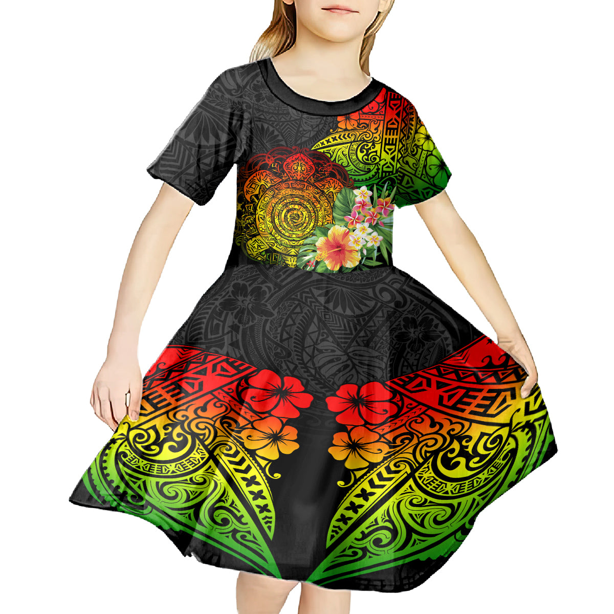 Polynesia Victory Day Kid Short Sleeve Dress Tribal Turtle and Hibiscus LT03 - Polynesian Pride