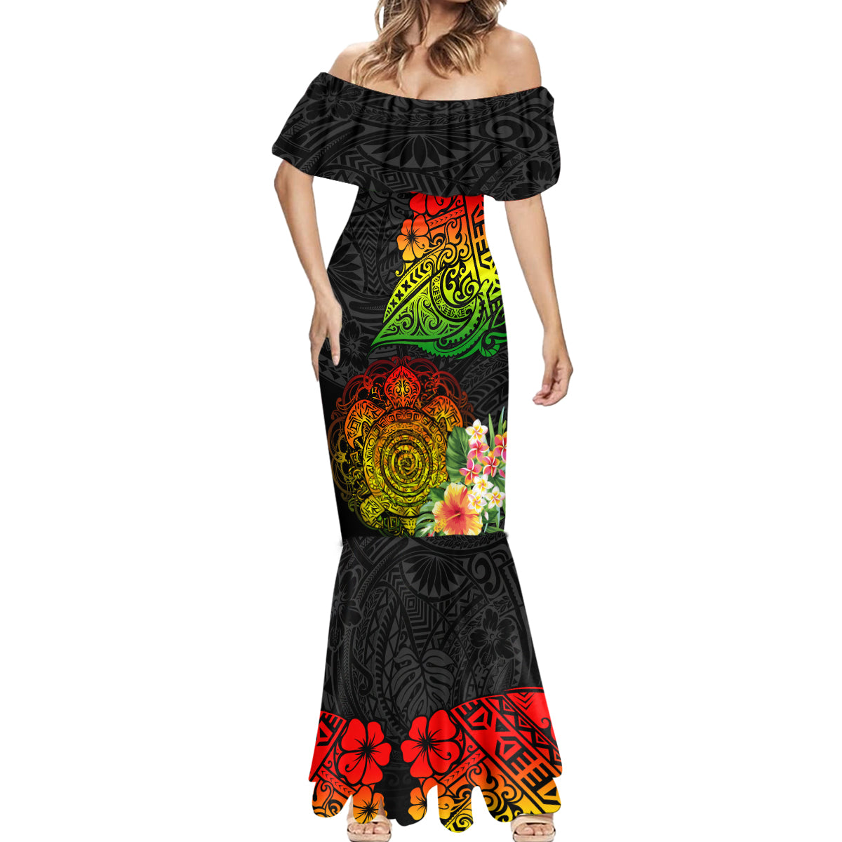 Polynesia Victory Day Mermaid Dress Tribal Turtle and Hibiscus LT03 - Polynesian Pride