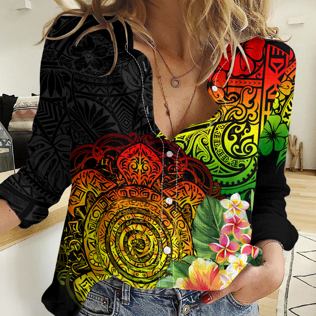 Polynesia Victory Day Women Casual Shirt Tribal Turtle and Hibiscus LT03 Female Reggae - Polynesian Pride