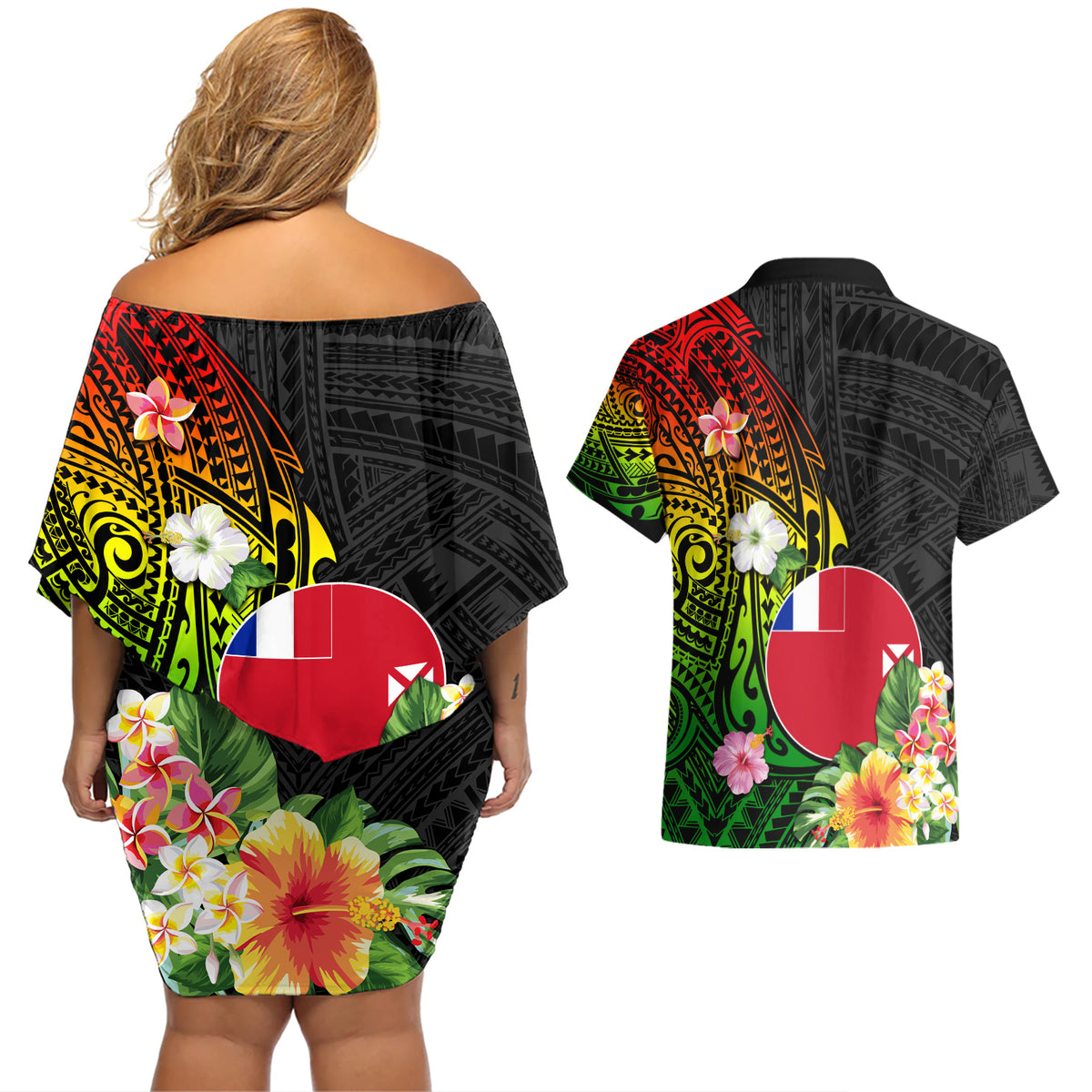 Wallis and Futuna Victory Day Couples Matching Off Shoulder Short Dress and Hawaiian Shirt Tribal Polynesian Tattoo and Hibiscus Flower LT03 - Polynesian Pride