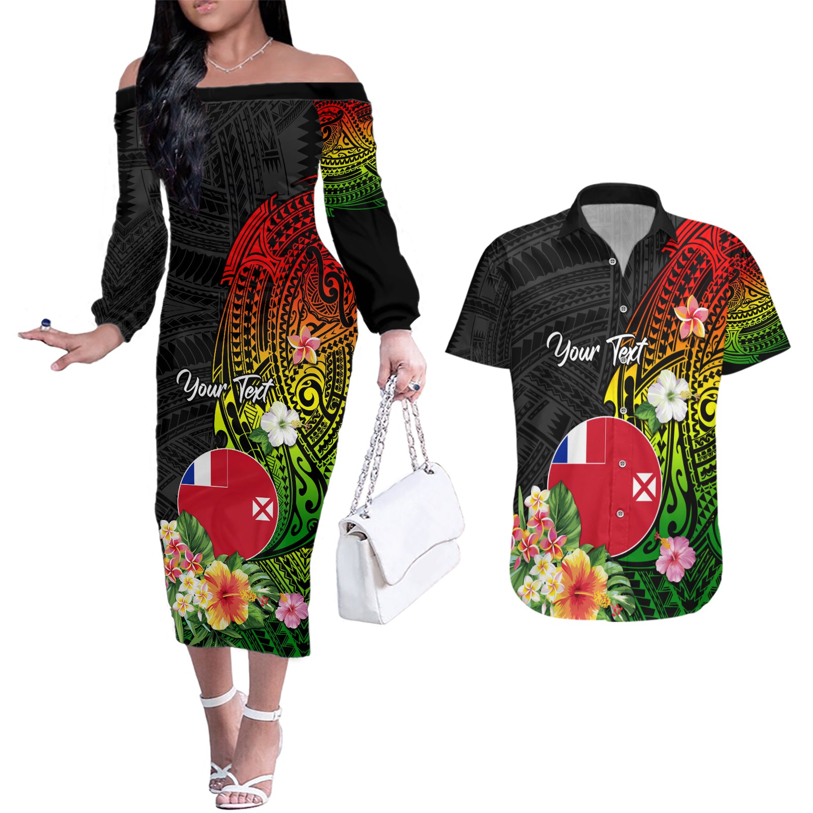 Wallis and Futuna Victory Day Couples Matching Off The Shoulder Long Sleeve Dress and Hawaiian Shirt Tribal Polynesian Tattoo and Hibiscus Flower LT03 Reggae - Polynesian Pride