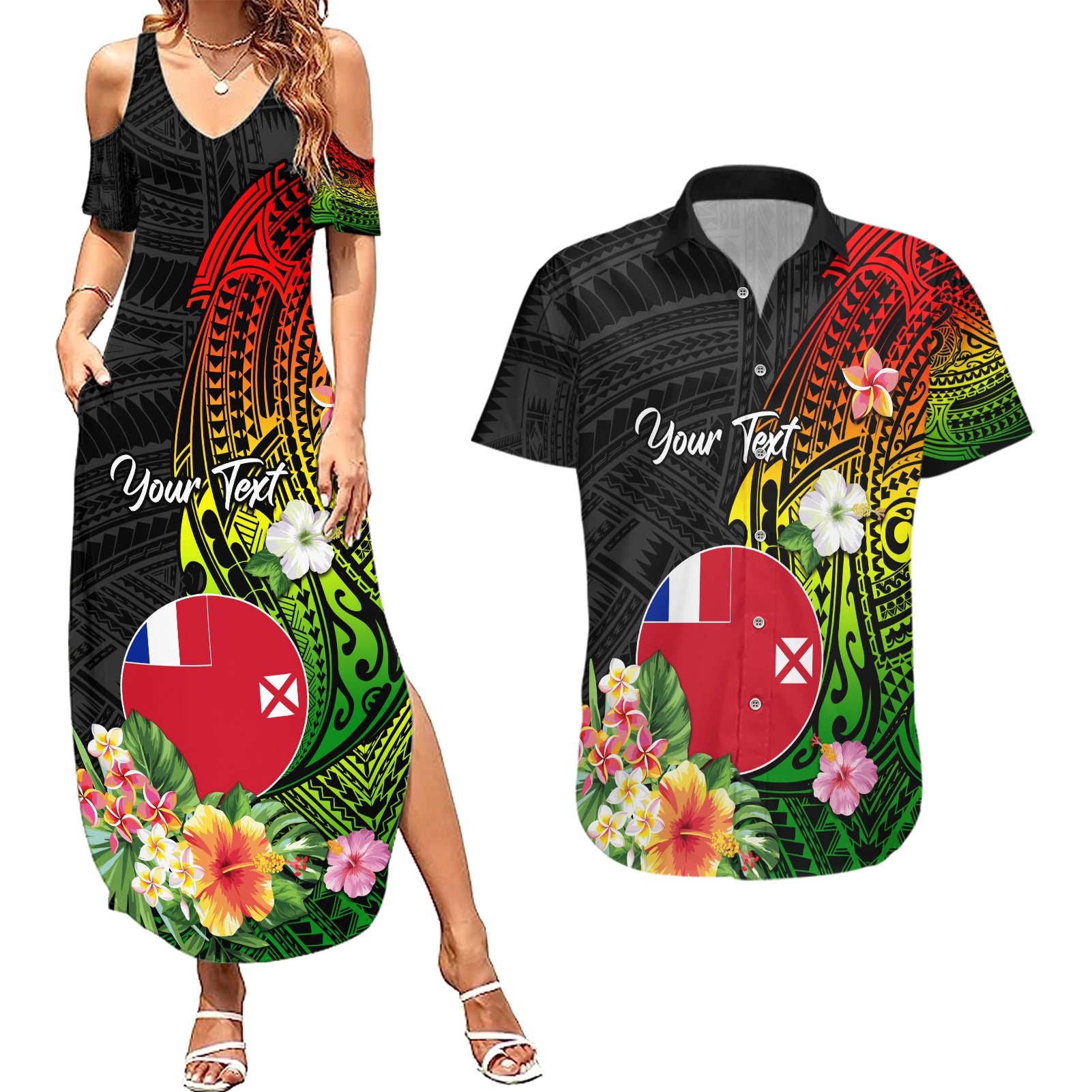 Wallis and Futuna Victory Day Couples Matching Summer Maxi Dress and Hawaiian Shirt Tribal Polynesian Tattoo and Hibiscus Flower LT03 Reggae - Polynesian Pride