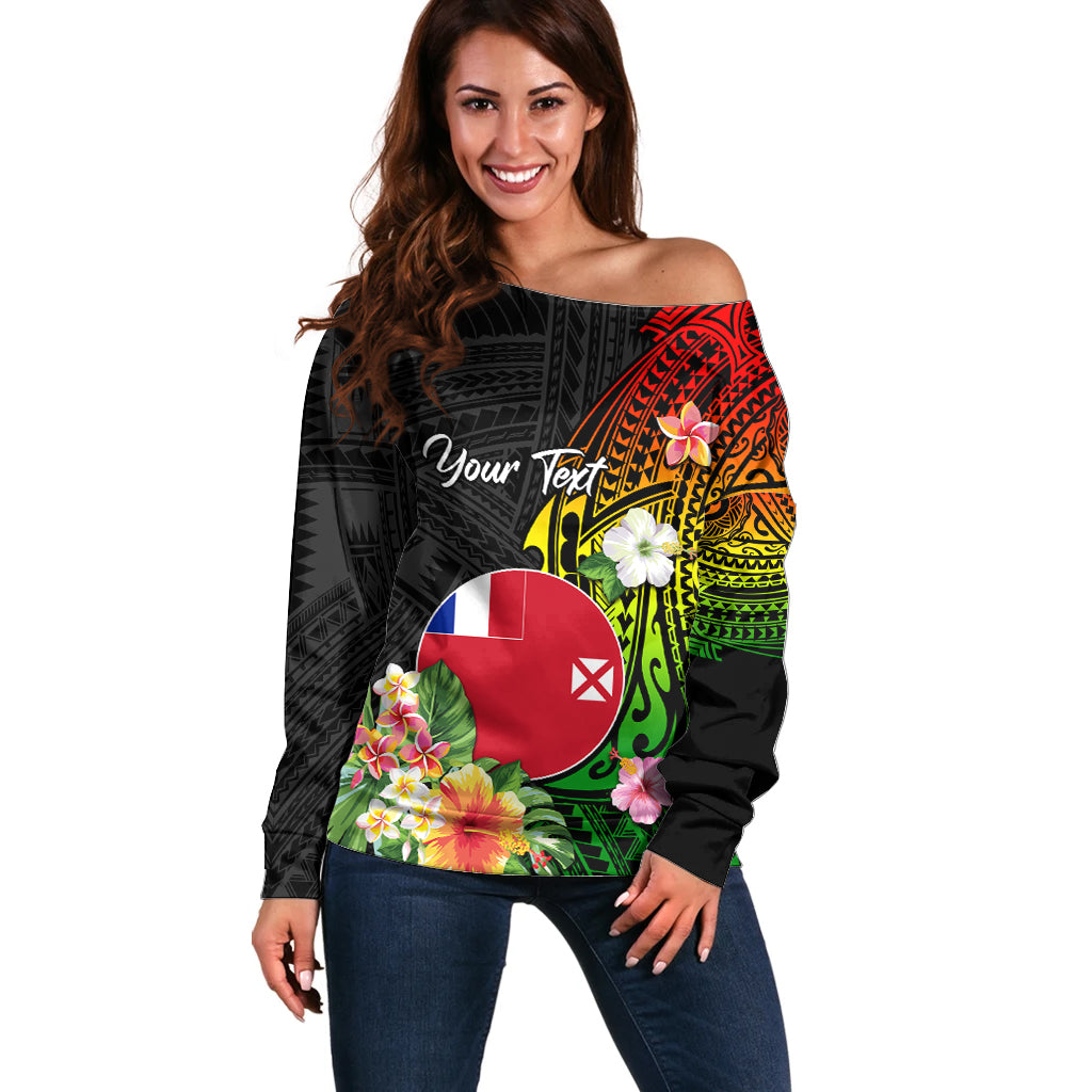 Wallis and Futuna Victory Day Off Shoulder Sweater Tribal Polynesian Tattoo and Hibiscus Flower LT03 Women Reggae - Polynesian Pride