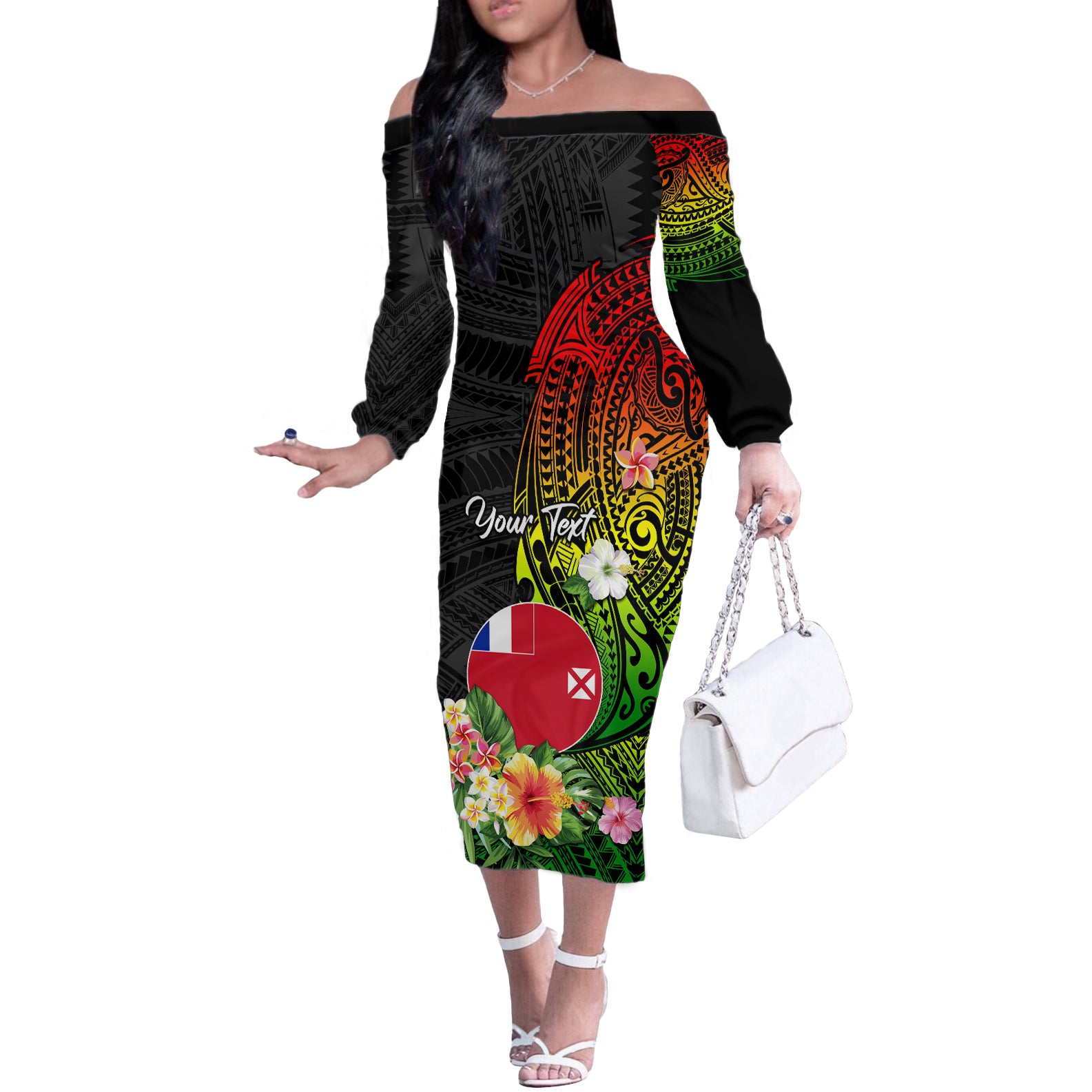 Wallis and Futuna Victory Day Off The Shoulder Long Sleeve Dress Tribal Polynesian Tattoo and Hibiscus Flower LT03 Women Reggae - Polynesian Pride