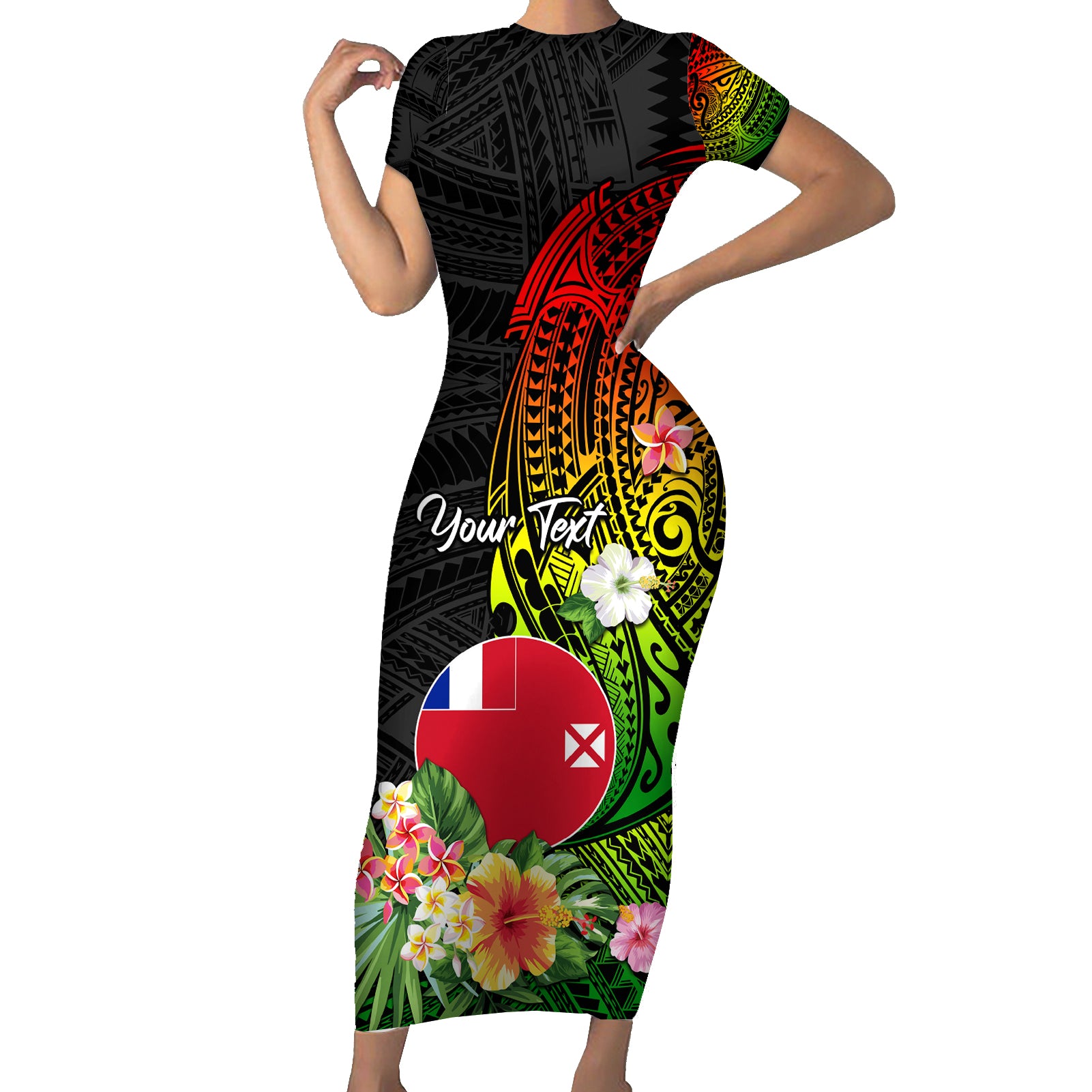 Wallis and Futuna Victory Day Short Sleeve Bodycon Dress Tribal Polynesian Tattoo and Hibiscus Flower LT03 Long Dress Reggae - Polynesian Pride