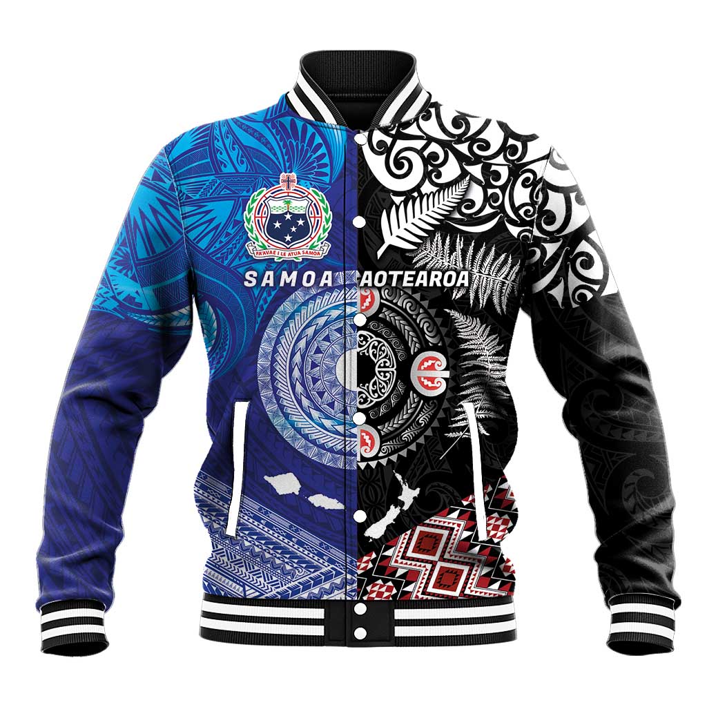 Samoa and Aotearoa Together Baseball Jacket Tatau Art Tattoos-Taniko and Maori with Fern LT03 Unisex Black - Polynesian Pride