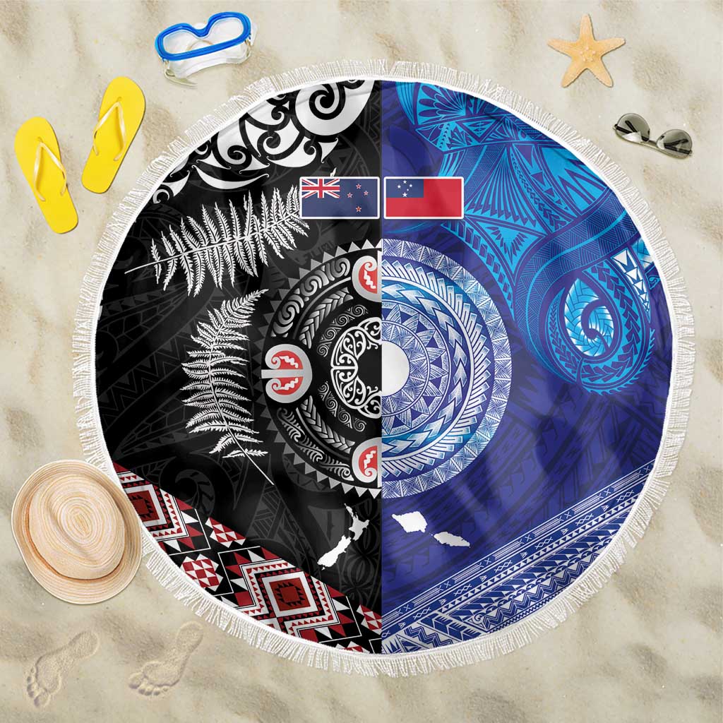 Samoa and Aotearoa Together Beach Blanket Tatau Art Tattoos-Taniko and Maori with Fern LT03 One Size 150cm Black - Polynesian Pride