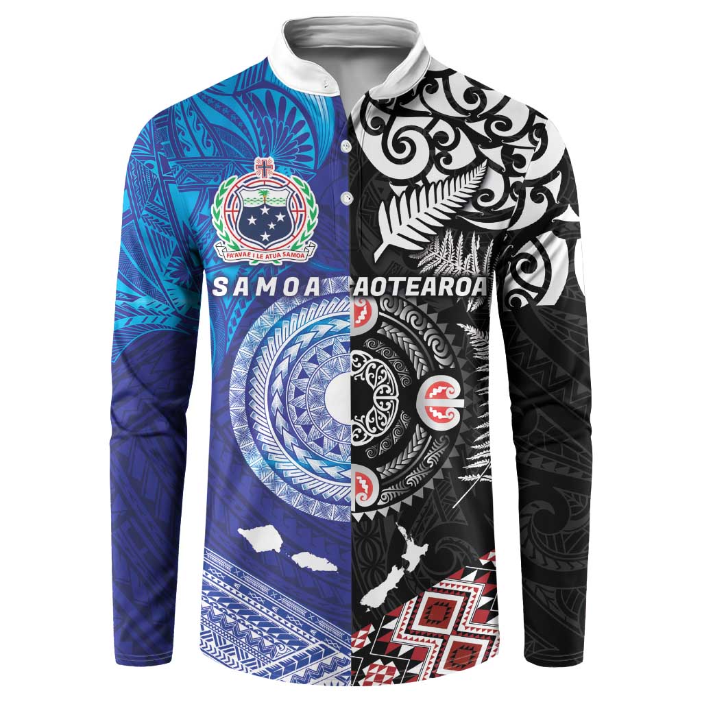 Samoa and Aotearoa Together Button Sweatshirt Tatau Art Tattoos-Taniko and Maori with Fern LT03 Black - Polynesian Pride