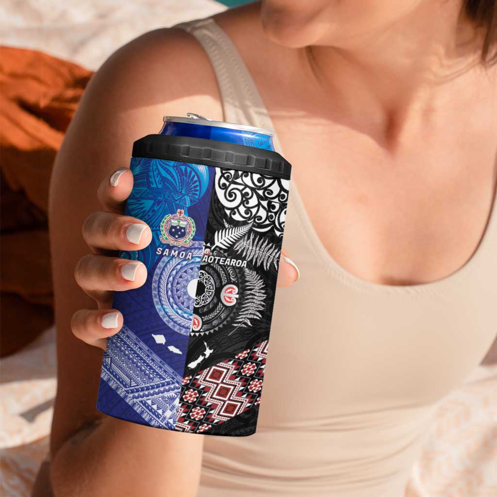 Samoa and Aotearoa Together 4 in 1 Can Cooler Tumbler Tatau Art Tattoos-Taniko and Maori with Fern