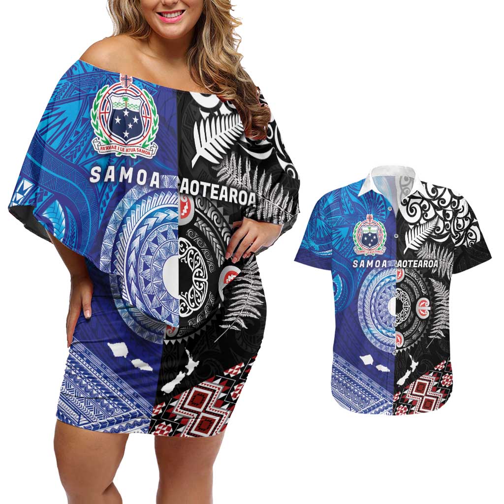 Samoa and Aotearoa Together Couples Matching Off Shoulder Short Dress and Hawaiian Shirt Tatau Art Tattoos-Taniko and Maori with Fern LT03 Black - Polynesian Pride