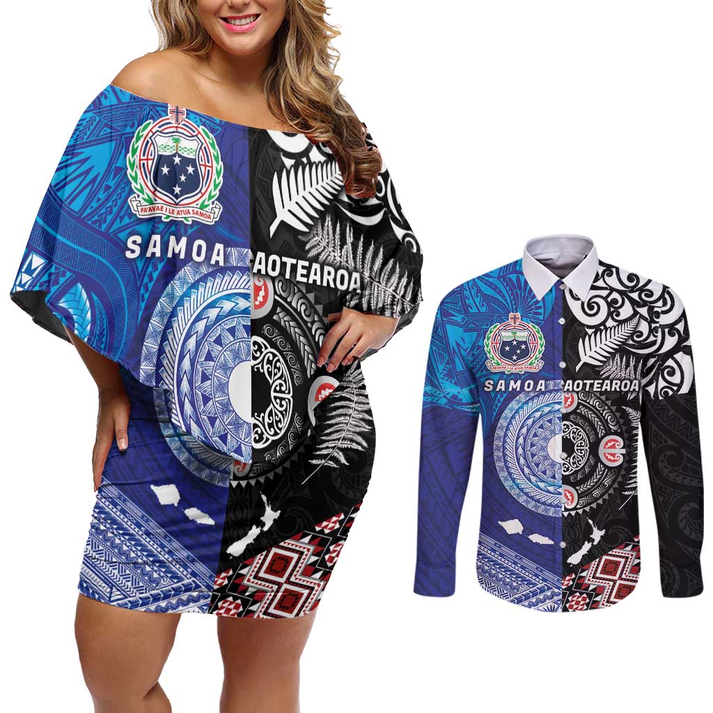 Samoa and Aotearoa Together Couples Matching Off Shoulder Short Dress and Long Sleeve Button Shirt Tatau Art Tattoos-Taniko and Maori with Fern LT03 Black - Polynesian Pride