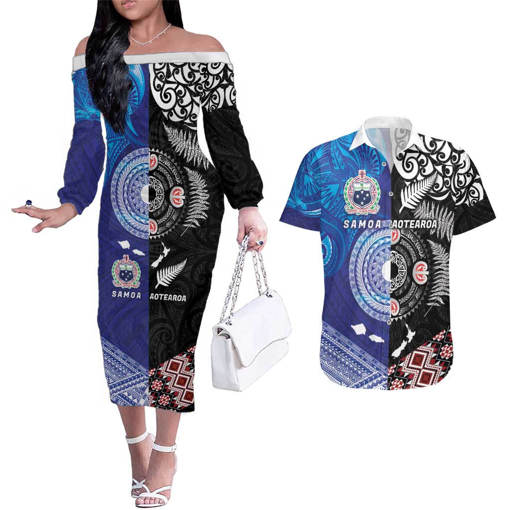 Samoa and Aotearoa Together Couples Matching Off The Shoulder Long Sleeve Dress and Hawaiian Shirt Tatau Art Tattoos-Taniko and Maori with Fern LT03 Black - Polynesian Pride