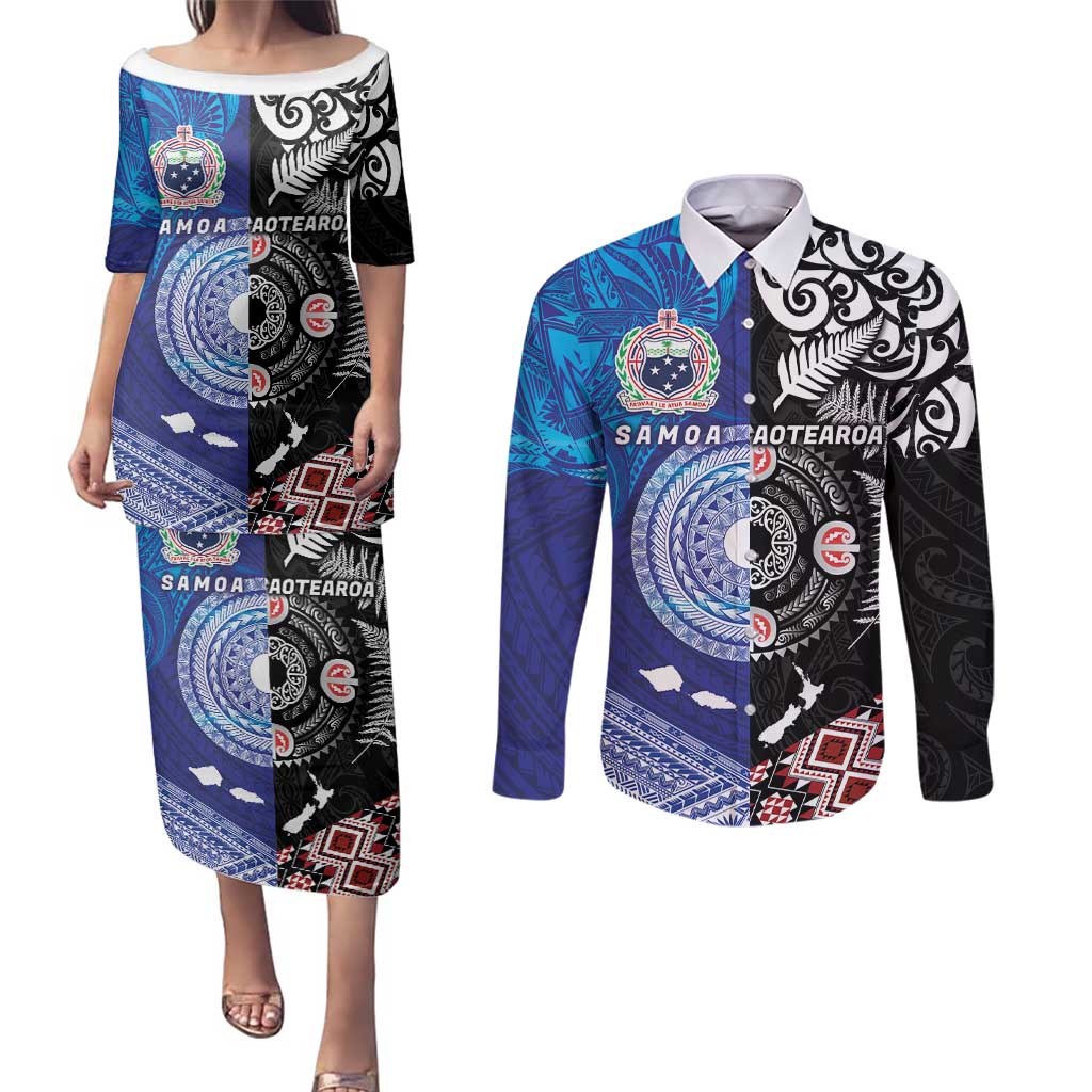 Samoa and Aotearoa Together Couples Matching Puletasi and Long Sleeve Button Shirt Tatau Art Tattoos-Taniko and Maori with Fern LT03 Black - Polynesian Pride