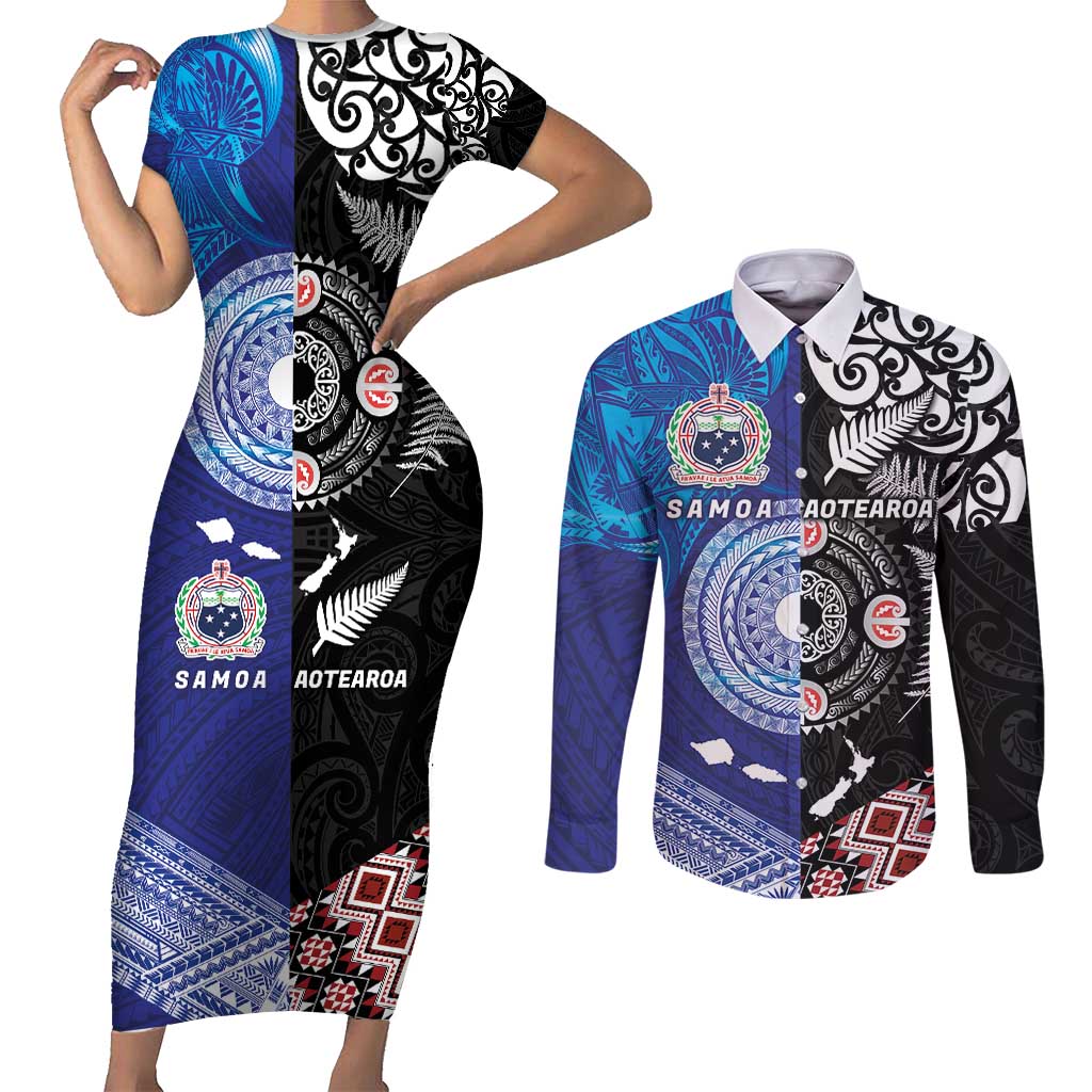 Samoa and Aotearoa Together Couples Matching Short Sleeve Bodycon Dress and Long Sleeve Button Shirt Tatau Art Tattoos-Taniko and Maori with Fern LT03 Black - Polynesian Pride