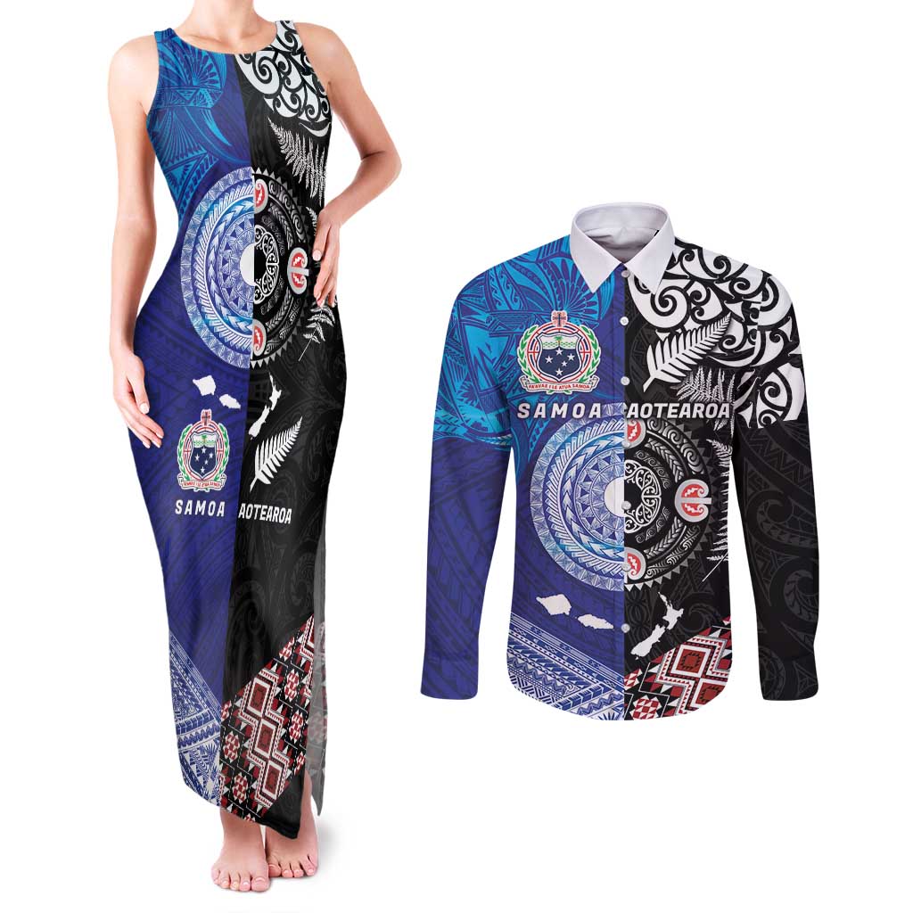 Samoa and Aotearoa Together Couples Matching Tank Maxi Dress and Long Sleeve Button Shirt Tatau Art Tattoos-Taniko and Maori with Fern LT03 Black - Polynesian Pride