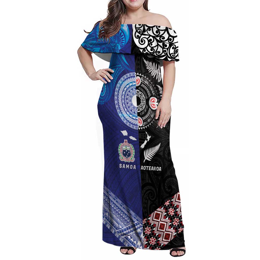 Samoa and Aotearoa Together Family Matching Off Shoulder Maxi Dress and Hawaiian Shirt Tatau Art Tattoos-Taniko and Maori with Fern