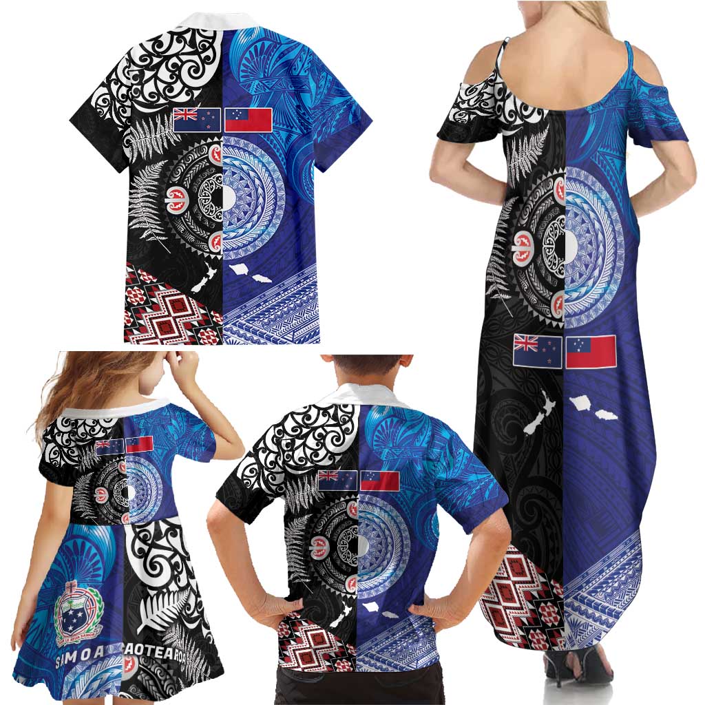 Samoa and Aotearoa Together Family Matching Summer Maxi Dress and Hawaiian Shirt Tatau Art Tattoos-Taniko and Maori with Fern