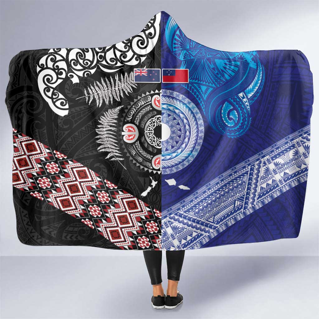 Samoa and Aotearoa Together Hooded Blanket Tatau Art Tattoos-Taniko and Maori with Fern LT03 One Size Black - Polynesian Pride