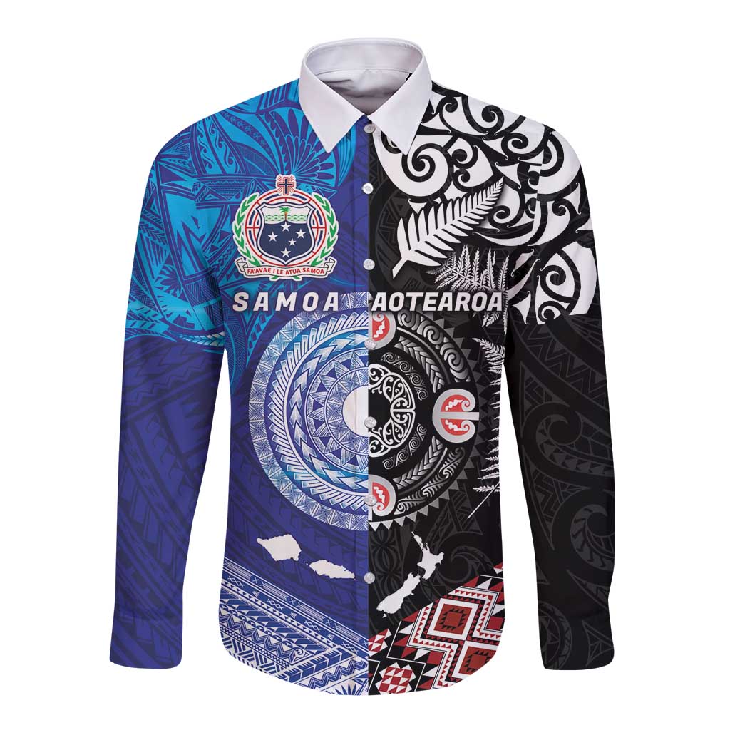 Samoa and Aotearoa Together Long Sleeve Button Shirt Tatau Art Tattoos-Taniko and Maori with Fern LT03 Unisex Black - Polynesian Pride
