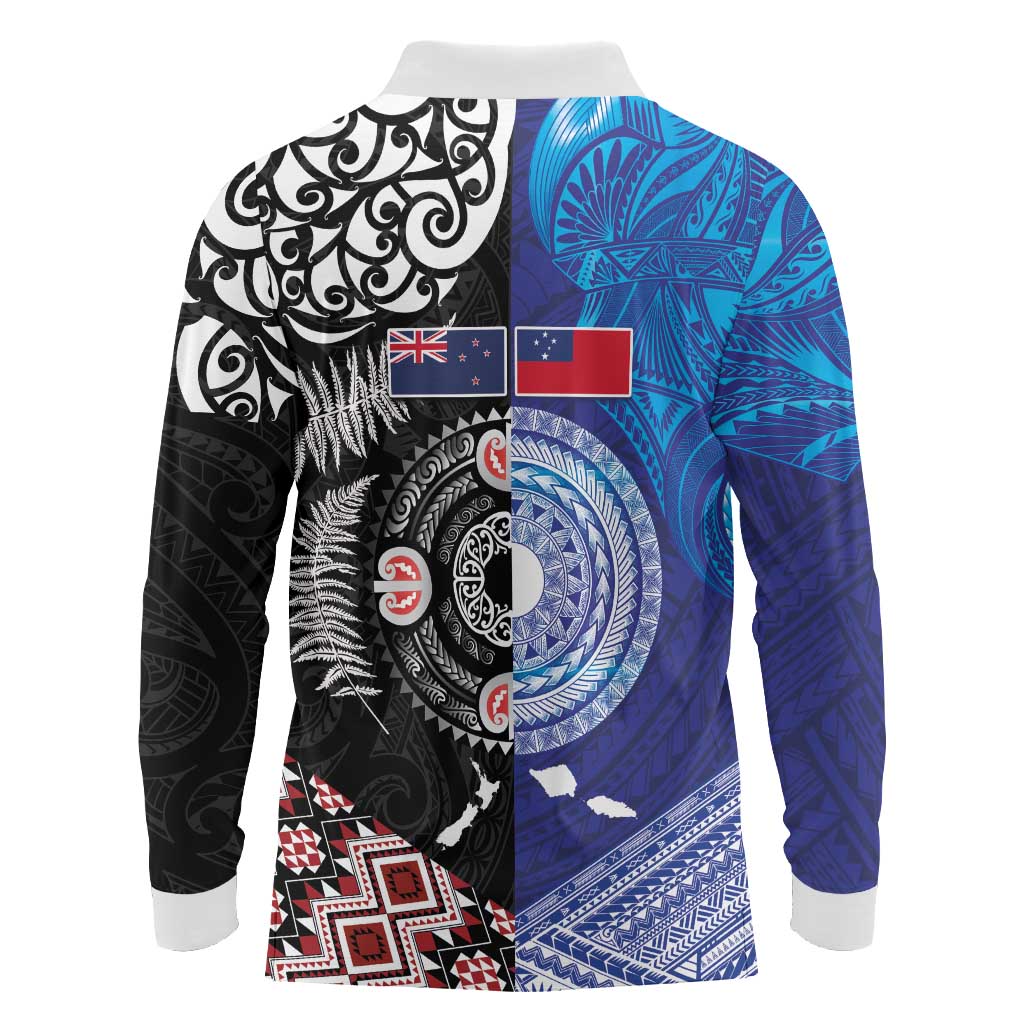 Samoa and Aotearoa Together Long Sleeve Polo Shirt Tatau Art Tattoos-Taniko and Maori with Fern