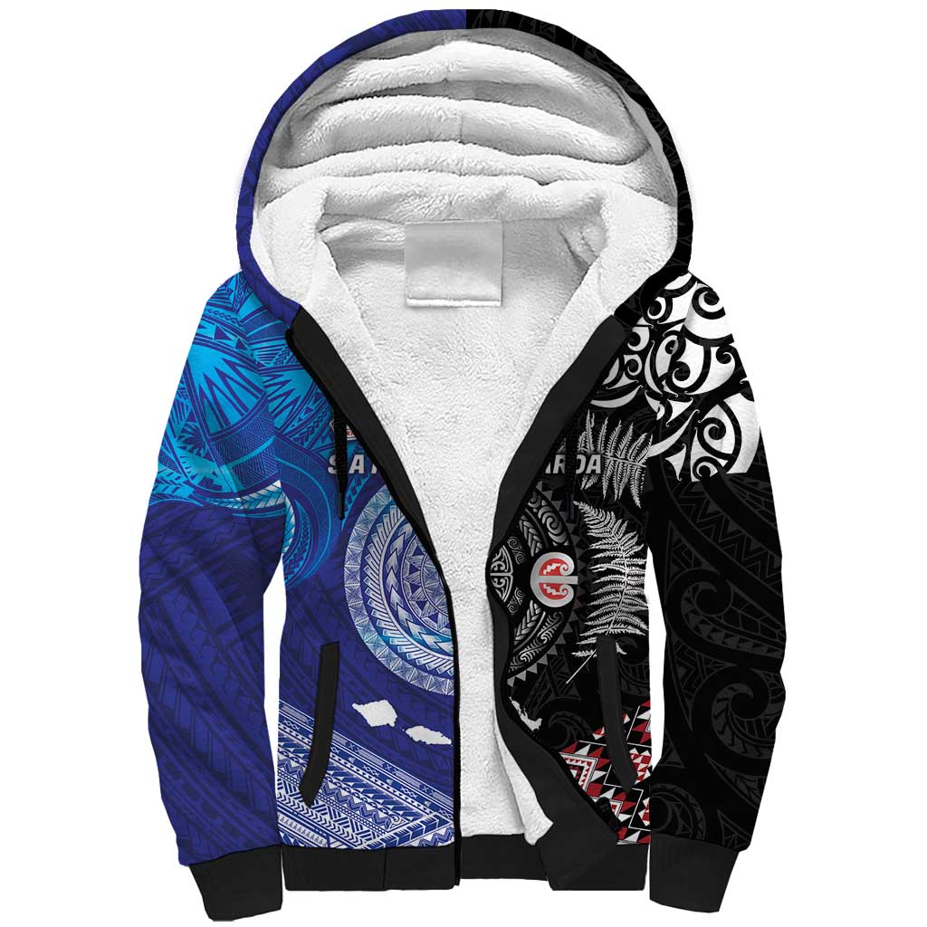 Samoa and Aotearoa Together Sherpa Hoodie Tatau Art Tattoos-Taniko and Maori with Fern LT03 Unisex Black - Polynesian Pride