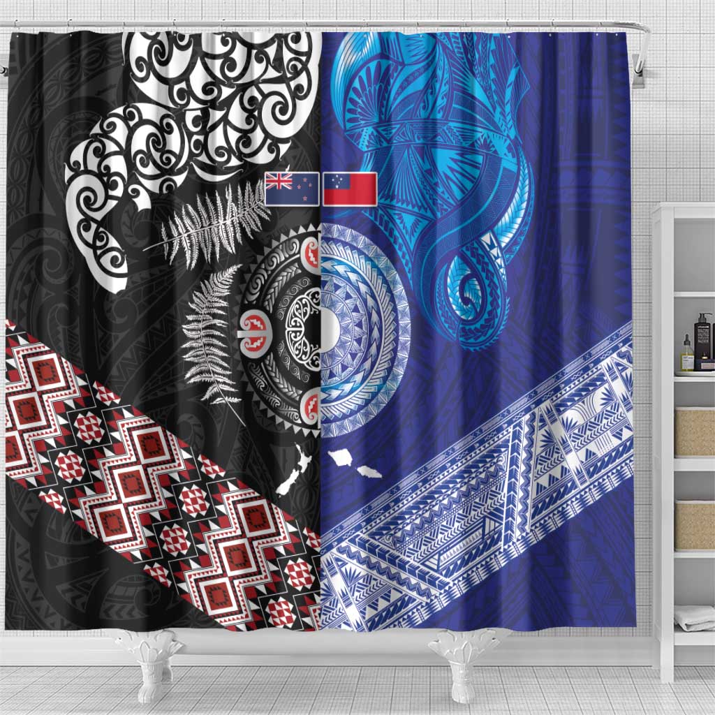 Samoa and Aotearoa Together Shower Curtain Tatau Art Tattoos-Taniko and Maori with Fern