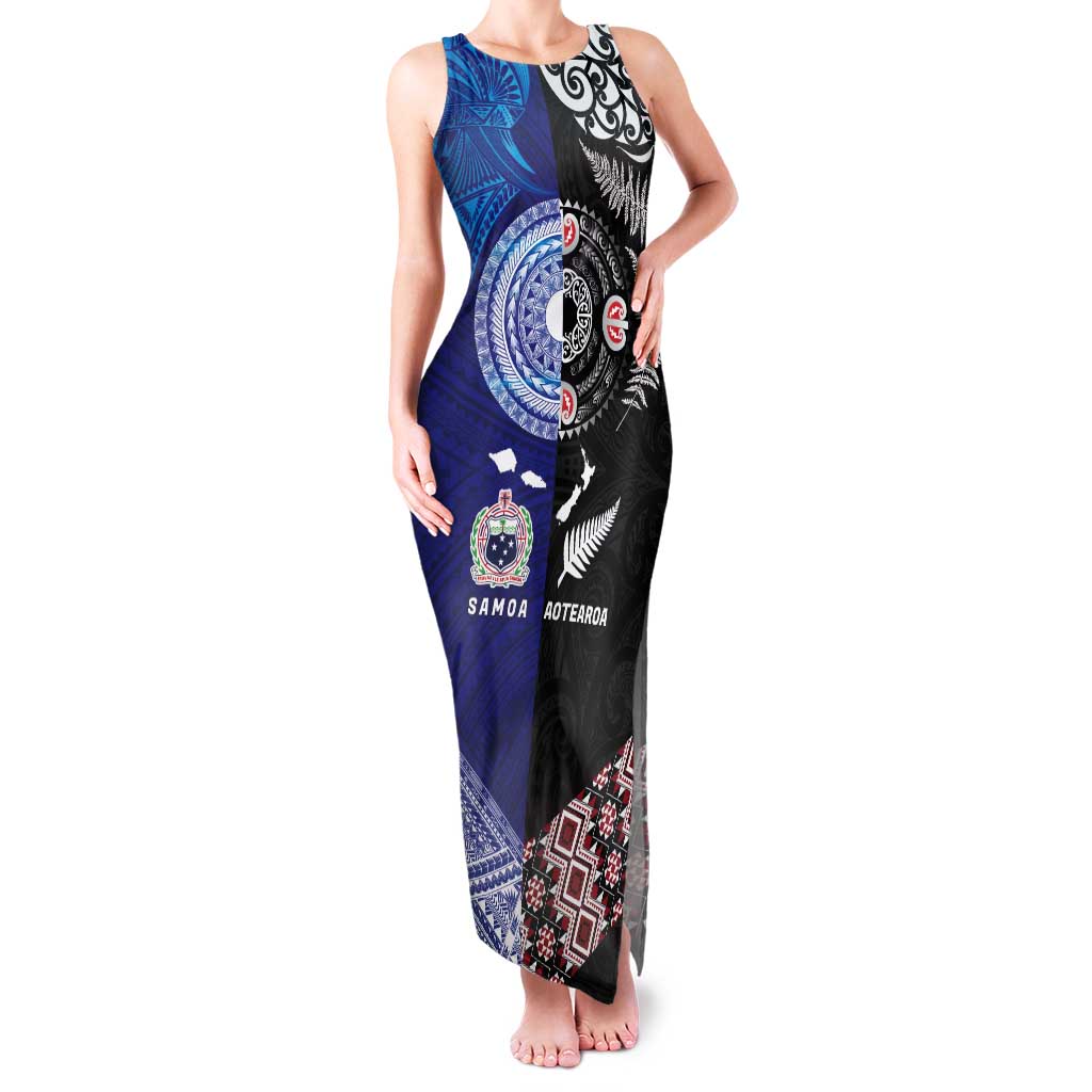 Samoa and Aotearoa Together Tank Maxi Dress Tatau Art Tattoos-Taniko and Maori with Fern LT03 Women Black - Polynesian Pride