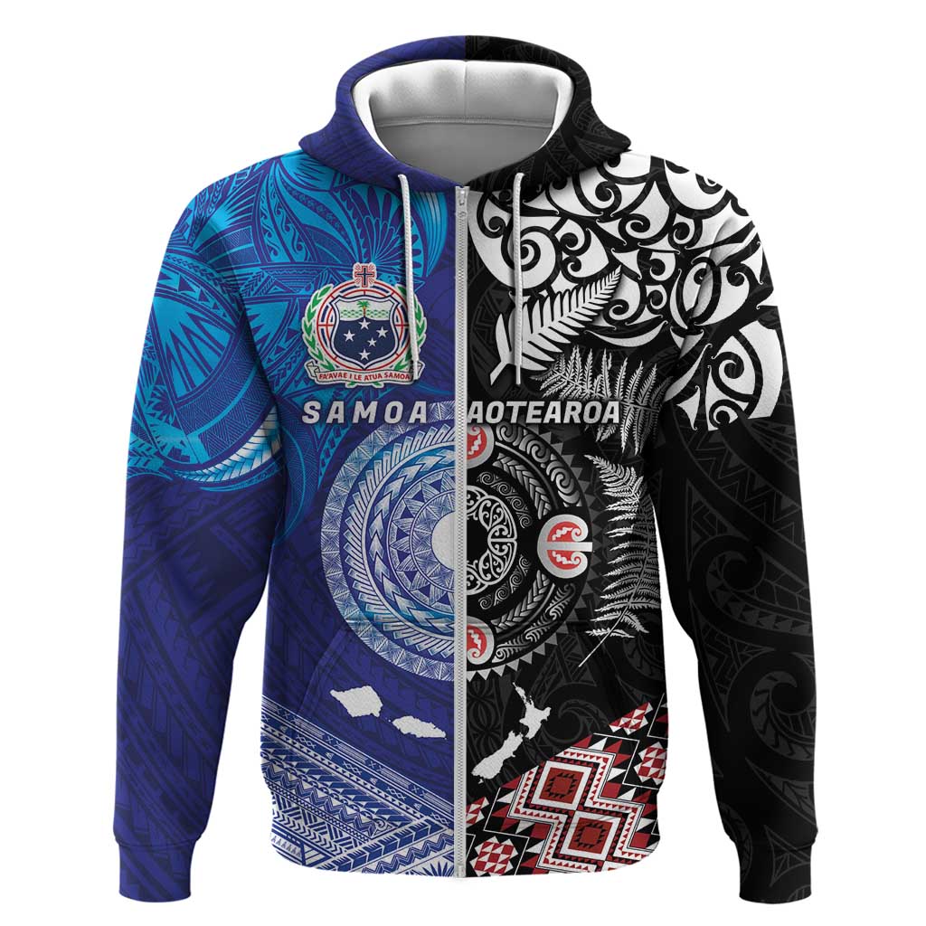 Samoa and Aotearoa Together Zip Hoodie Tatau Art Tattoos-Taniko and Maori with Fern