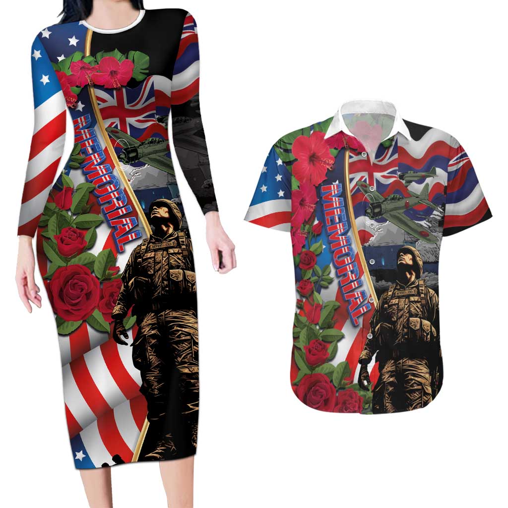 Hawaii and United States Memorial Day Couples Matching Long Sleeve Bodycon Dress and Hawaiian Shirt Honor and Remember The Fallen LT03 Blue - Polynesian Pride